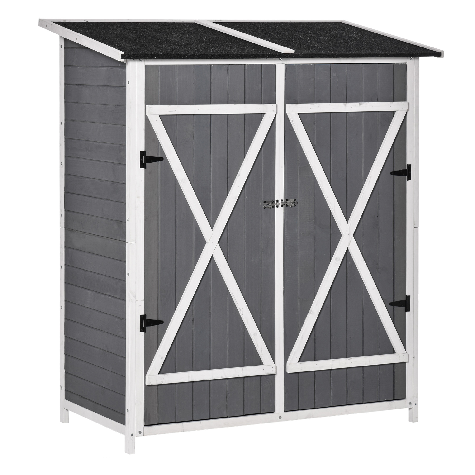 Gartenschrank Geräteschuppen mit 2 Tür Geräteschrank mit Asphaltdach Gartenlagerschrank Antidumping Design mit Bodennägel Tannenholz Grau+Weiß 139 x 75 x 160 cm