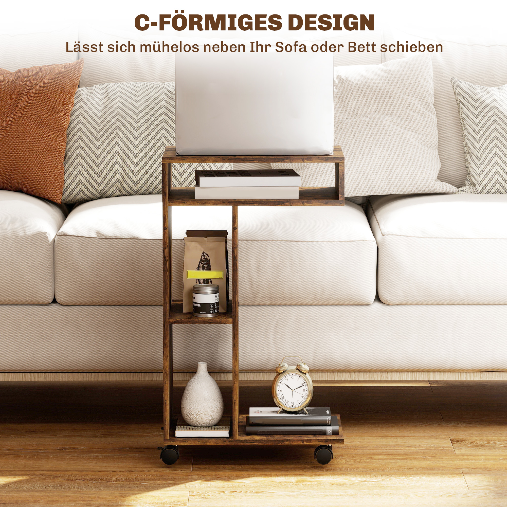 Beistelltisch, C-förmiger Servierwagen, 4 Rollen, 3 Fächer, 40 x 30 x 69 cm, Rustikal-Braun