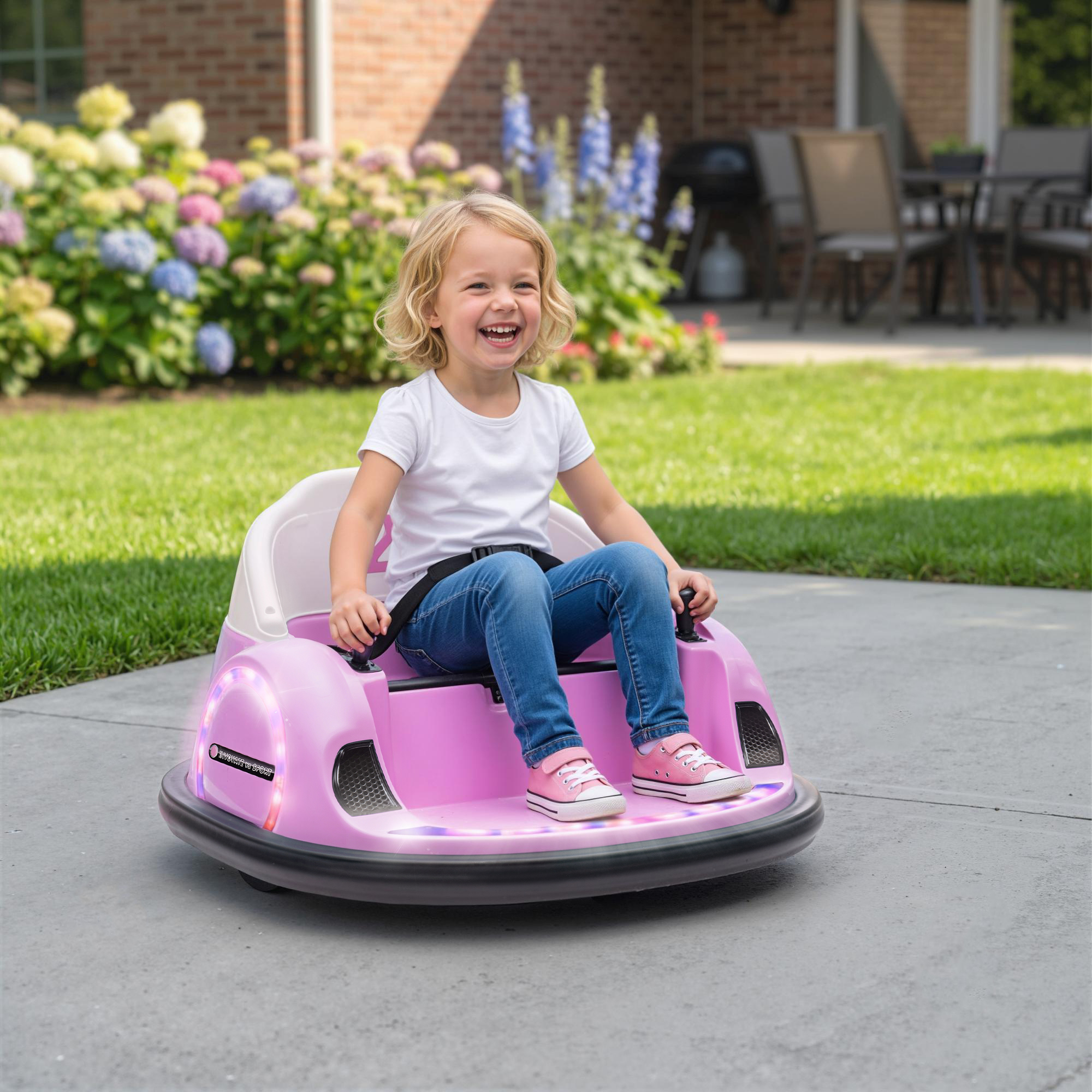 Autoscooter, 360° Rotation, 2 km/h Geschwindigkeit, Sicherheitsgurt, LED-Lichter, Musik und Hupe, Rosa