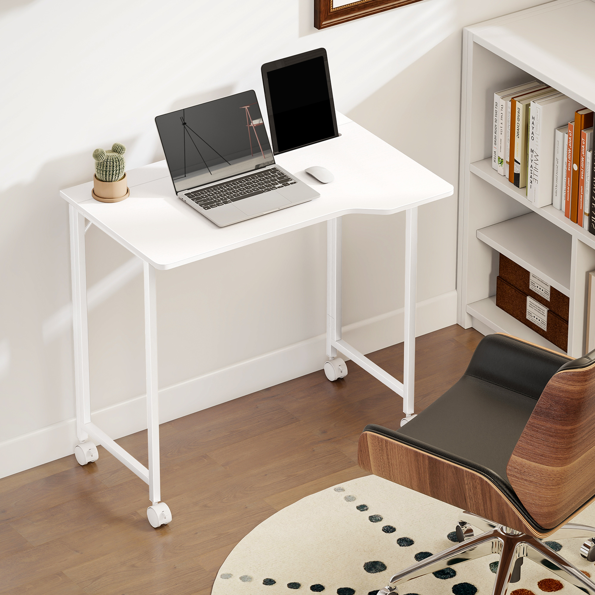 Schreibtisch, klappbarer Computertisch, platzsparender Bürotisch mit Rollen, Geräteschlitz, 80 x 52 x 75 cm, Weiß