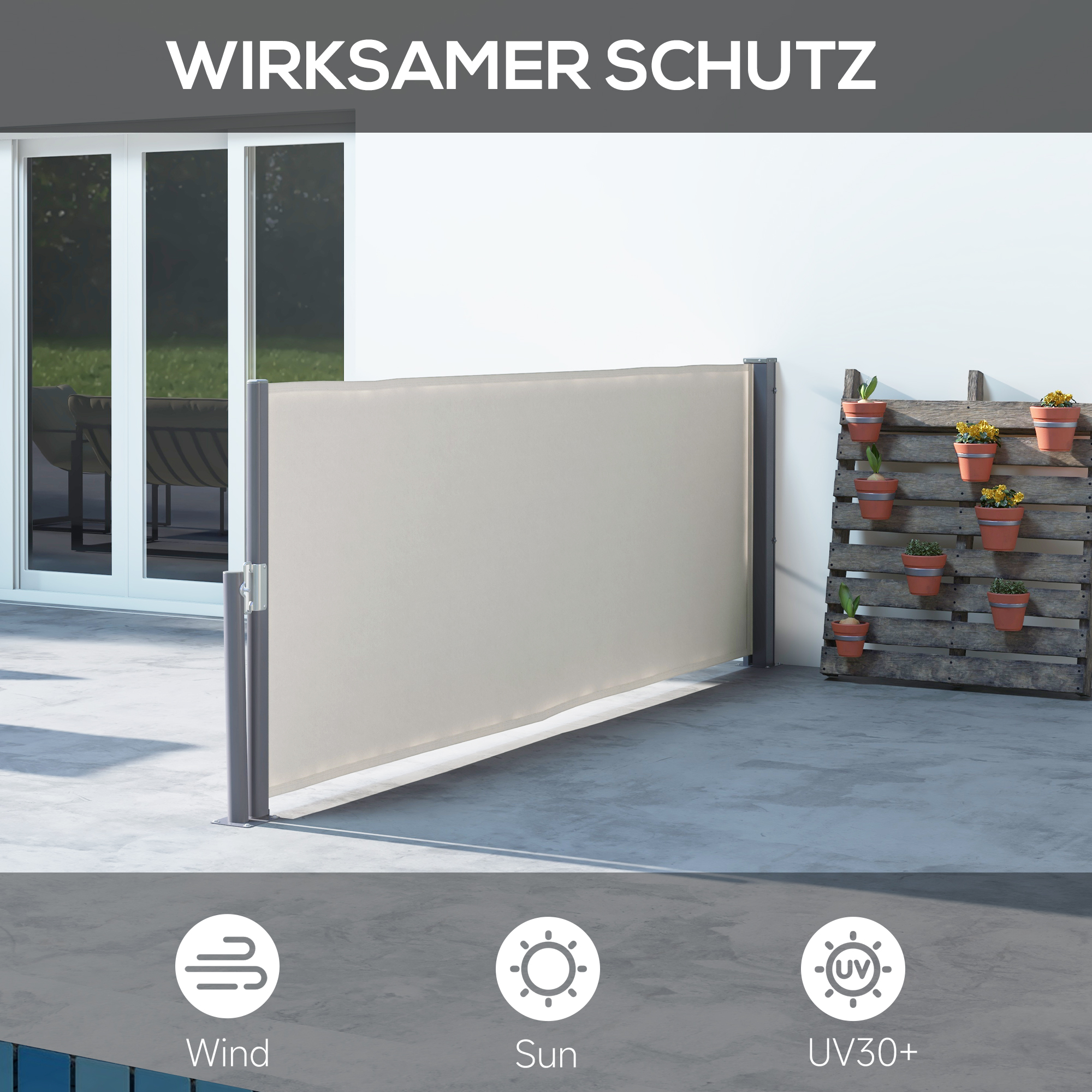 Seitenmarkise, Seitenrollo, ausziehbar, Sichtschutz, Aluminium/Polyester, 3 x 1 m, Hellgrau