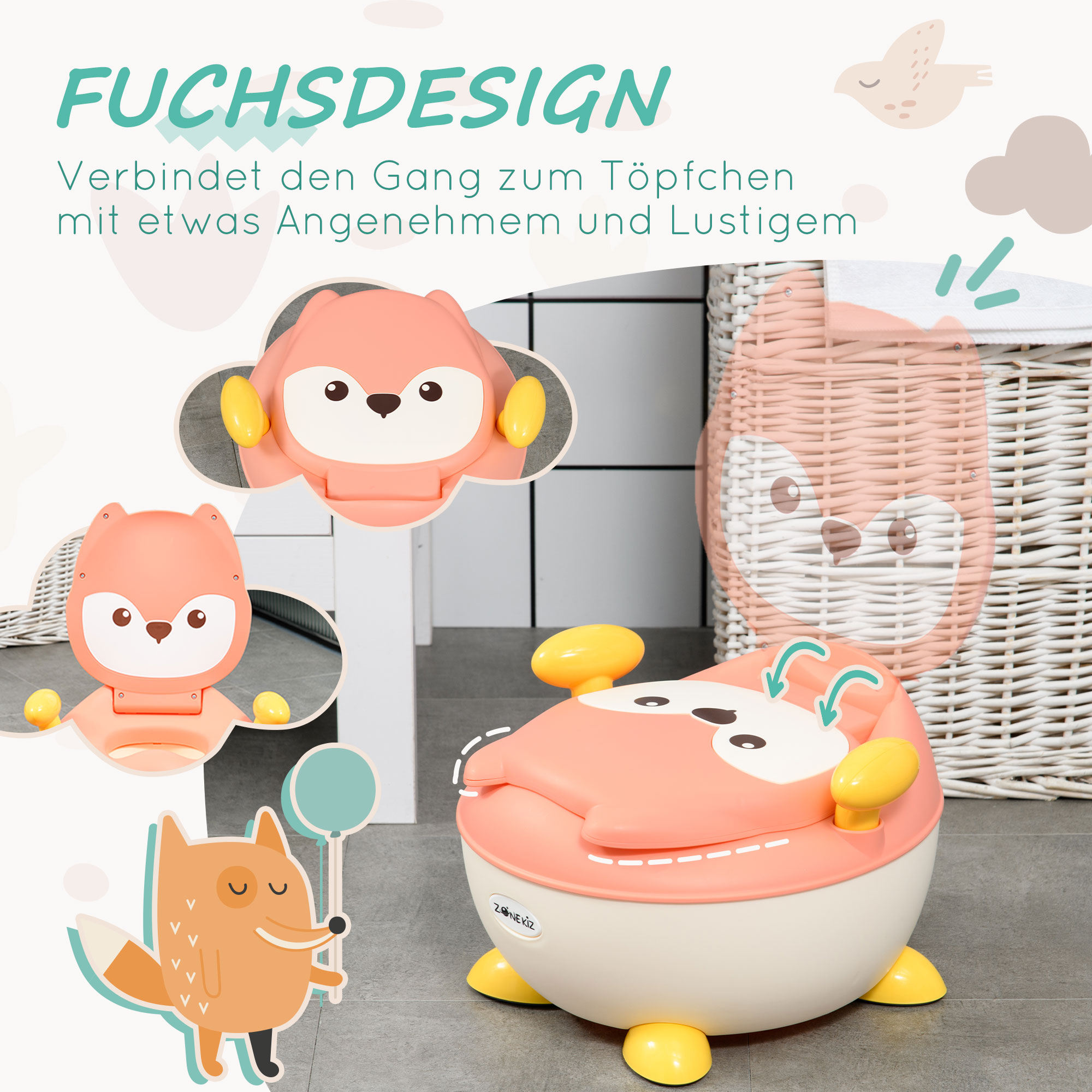 Töpfchen für Kinder 0,5 bis 3 Jahre, rutschfest, Innentopf, Spritzschutz, Fuchs-Design, 34,5 x 35 x 23 cm