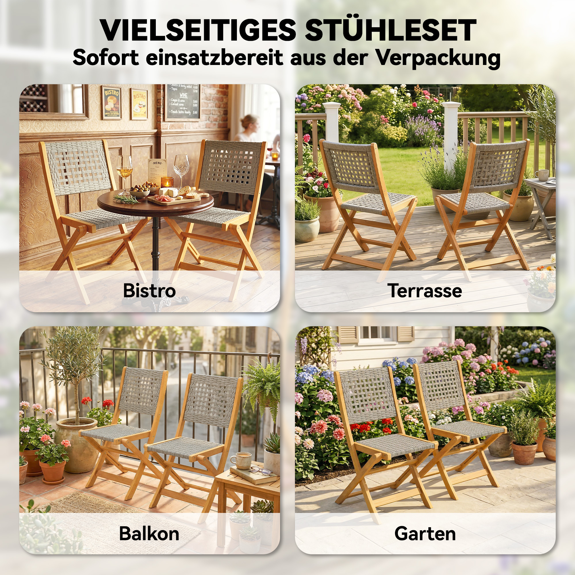 Gartenstühle 2 Stück FSC Klappstuhl mit Atmungsaktiv Sitz angenehme Sitzhöhe aus Massivholz & Polyrattan