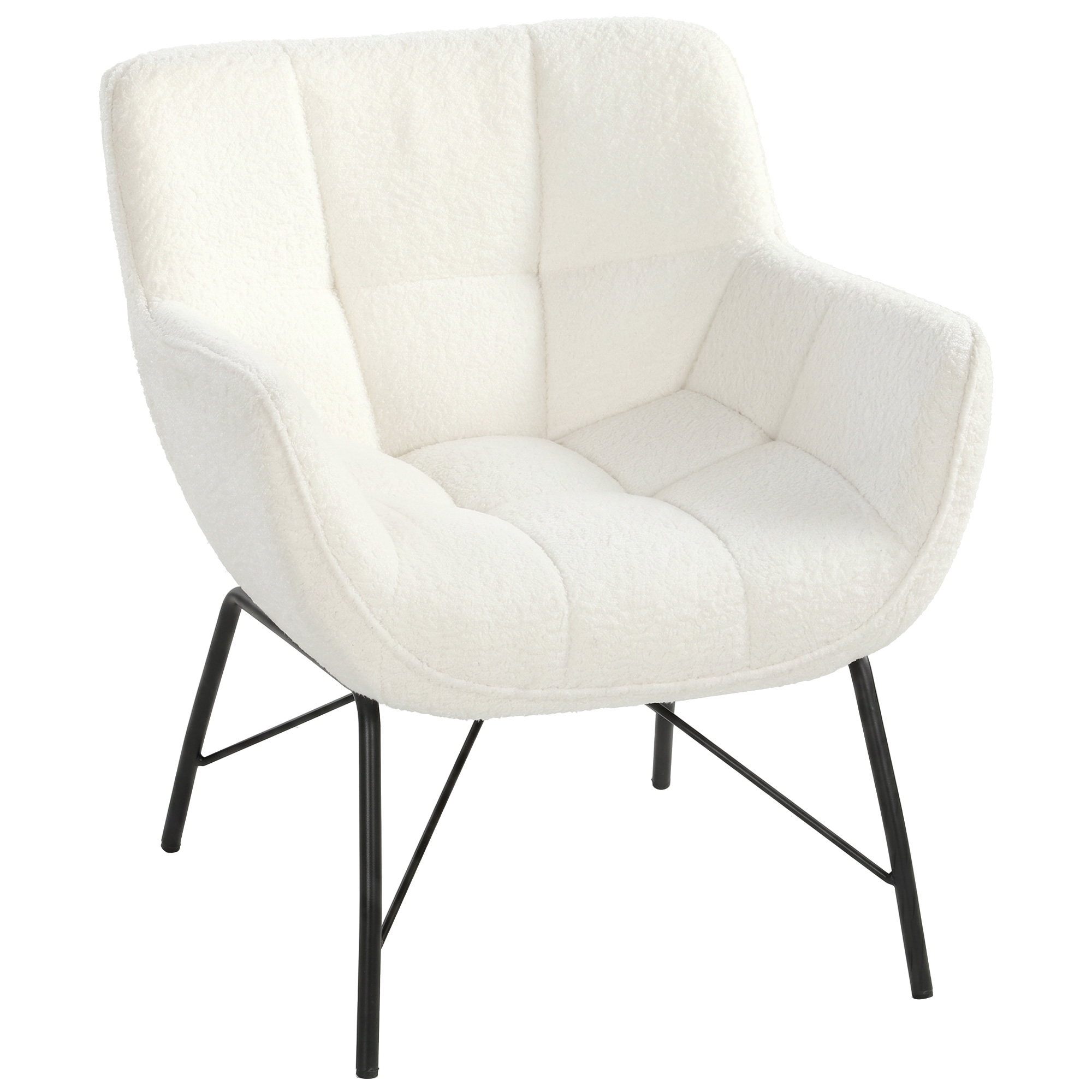 Moderner Loungesessel, Sherpa-Fleece Sessel mit gebogener Rückenlehne, integrierten Armlehnen, Metallbeinen, Cremeweiß