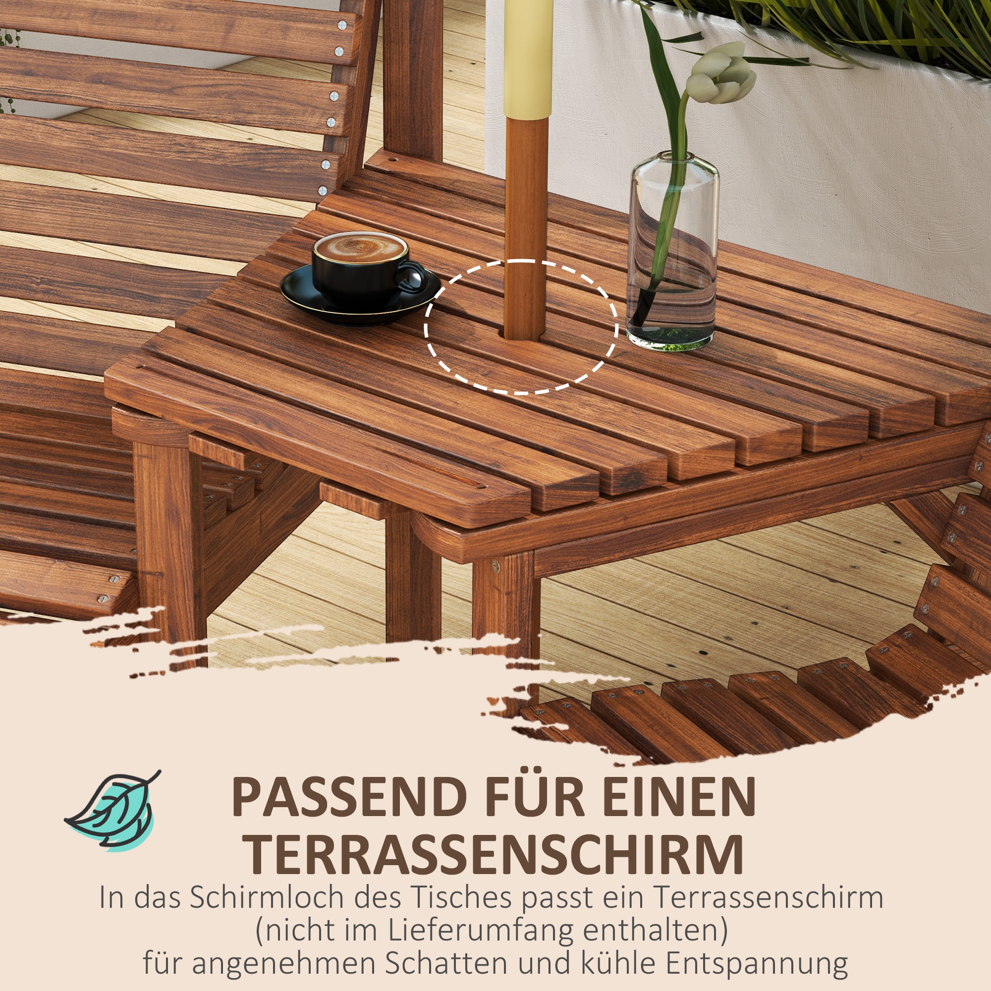Bistro-Set 3-teilig aus Holz Wetterfest Gartenmöbel Set mit Lamellendesign Sonnenschirmloch Verkohlt