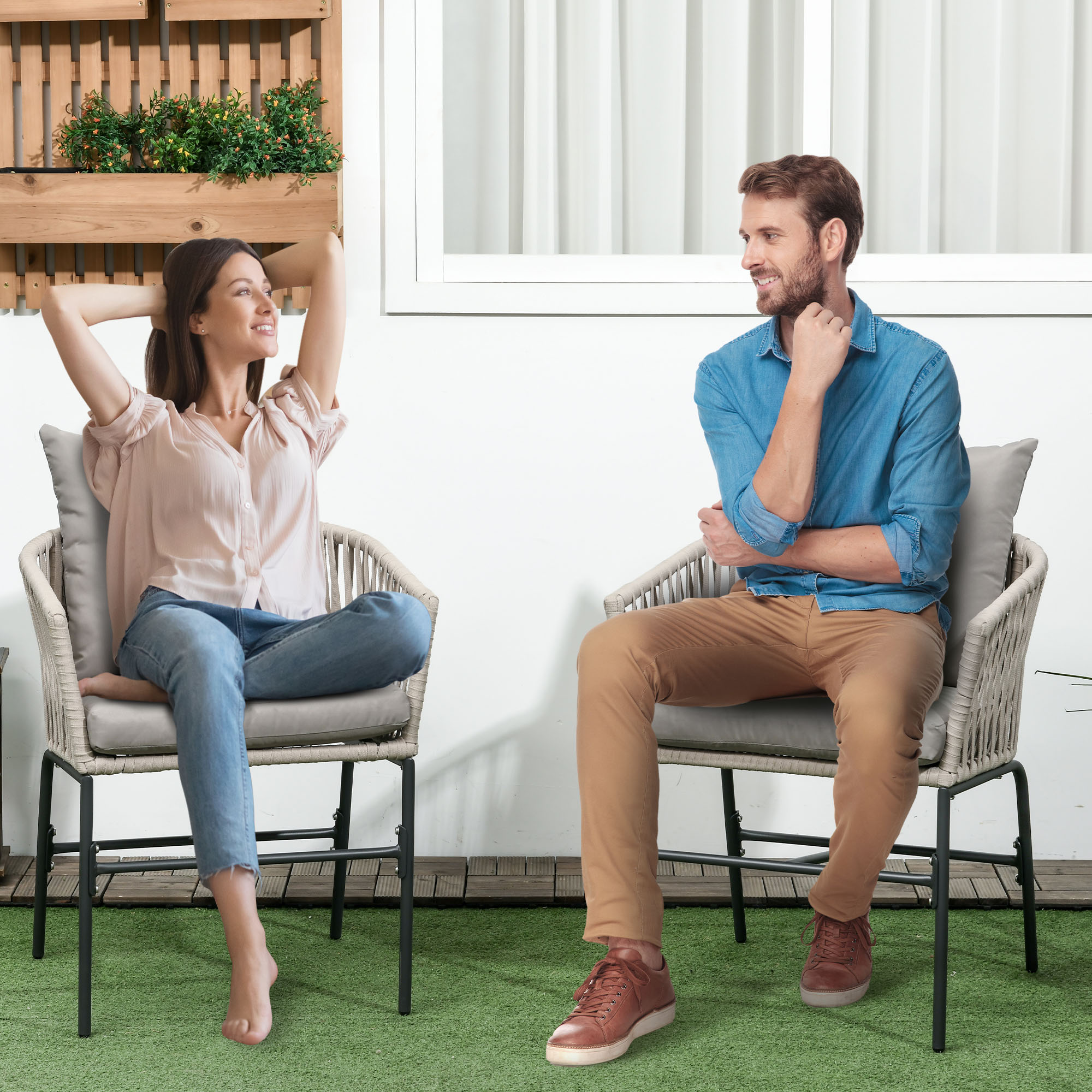 Terrassenstuhl 2er-Set, Boho-Stil, bequeme Sitzschale, Sitzauflagen, waschbarer Bezug, Metallrahmen, Beige