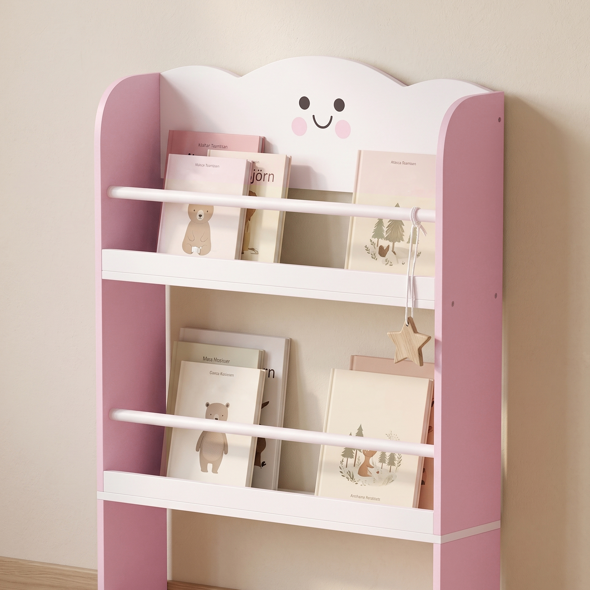 Kinderbücherregal mit 4 Etagen, Wandmontiertes Bücherregal für Kinderzimmer, Spielzimmer, Wohnzimmer, Rosa