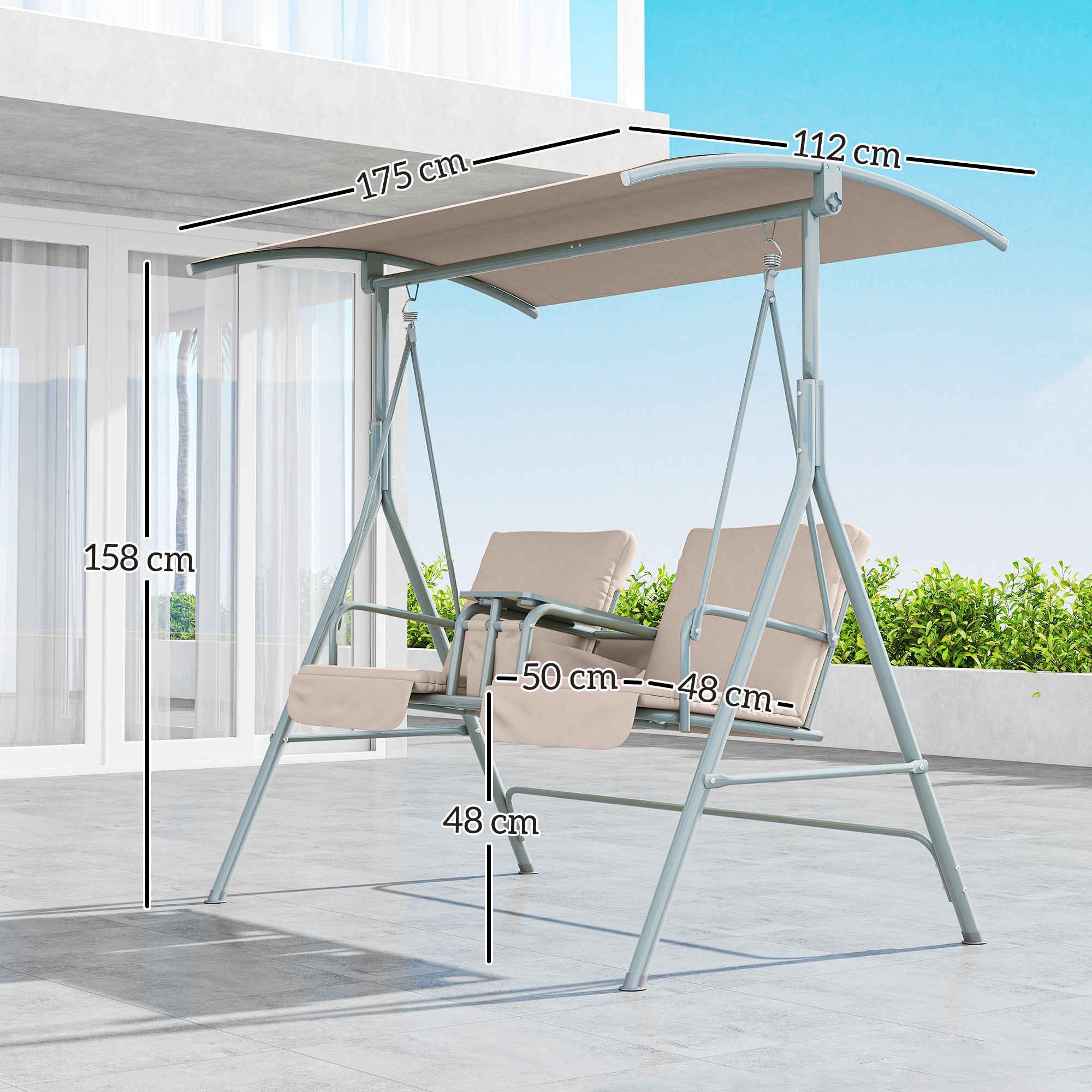 Hollywoodschaukel, Gartenschaukel, 2-Sitzer-Schaukel mit Sonnendach, 175 x 112 x 158 cm, Beige