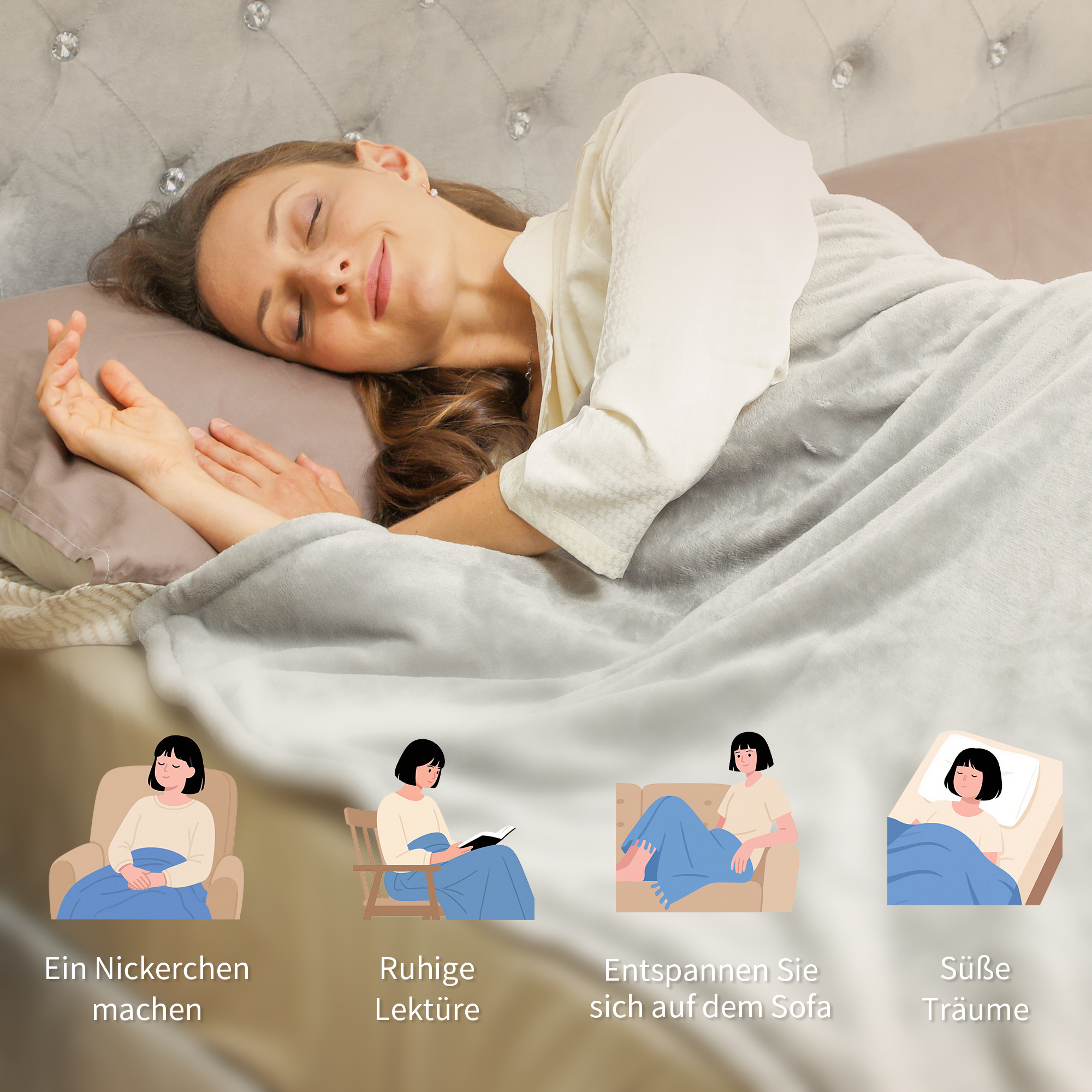 Heizdecke 180 x 130 cm Elektrische Wärmedecke mit 10 Heizstufen, 10 Stunden Timer Überhitzungsschutz LED Anzeige