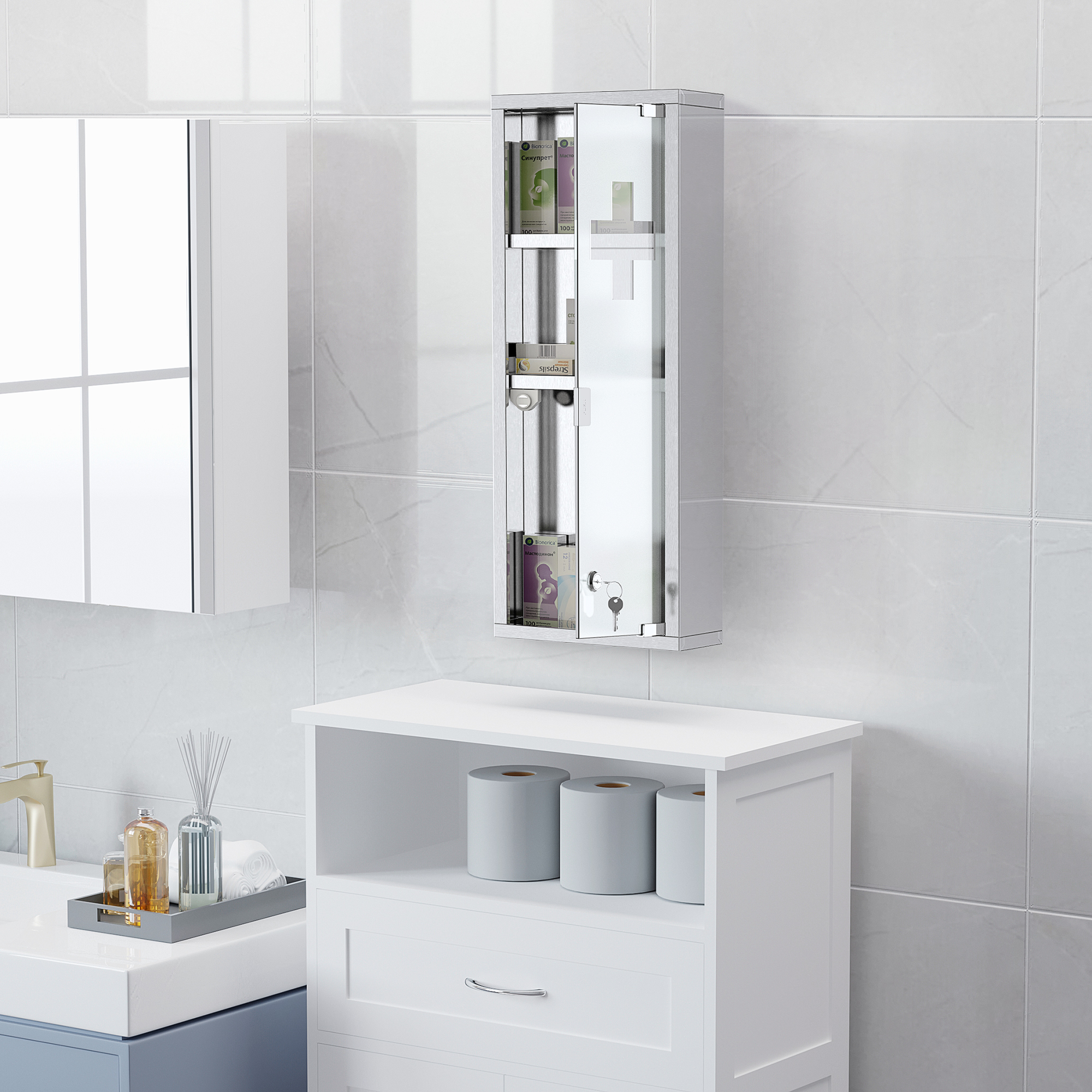 Medizinschrank aus Edelstahl und gehärtete Glastür Arzneischrank zur Medikamenten-Aufbewahrung, Abschließbar Medikamentenschrank mit 3 Fächern, Erste Hilfe Schrank, 20 x 12 x 58 cm, Silber