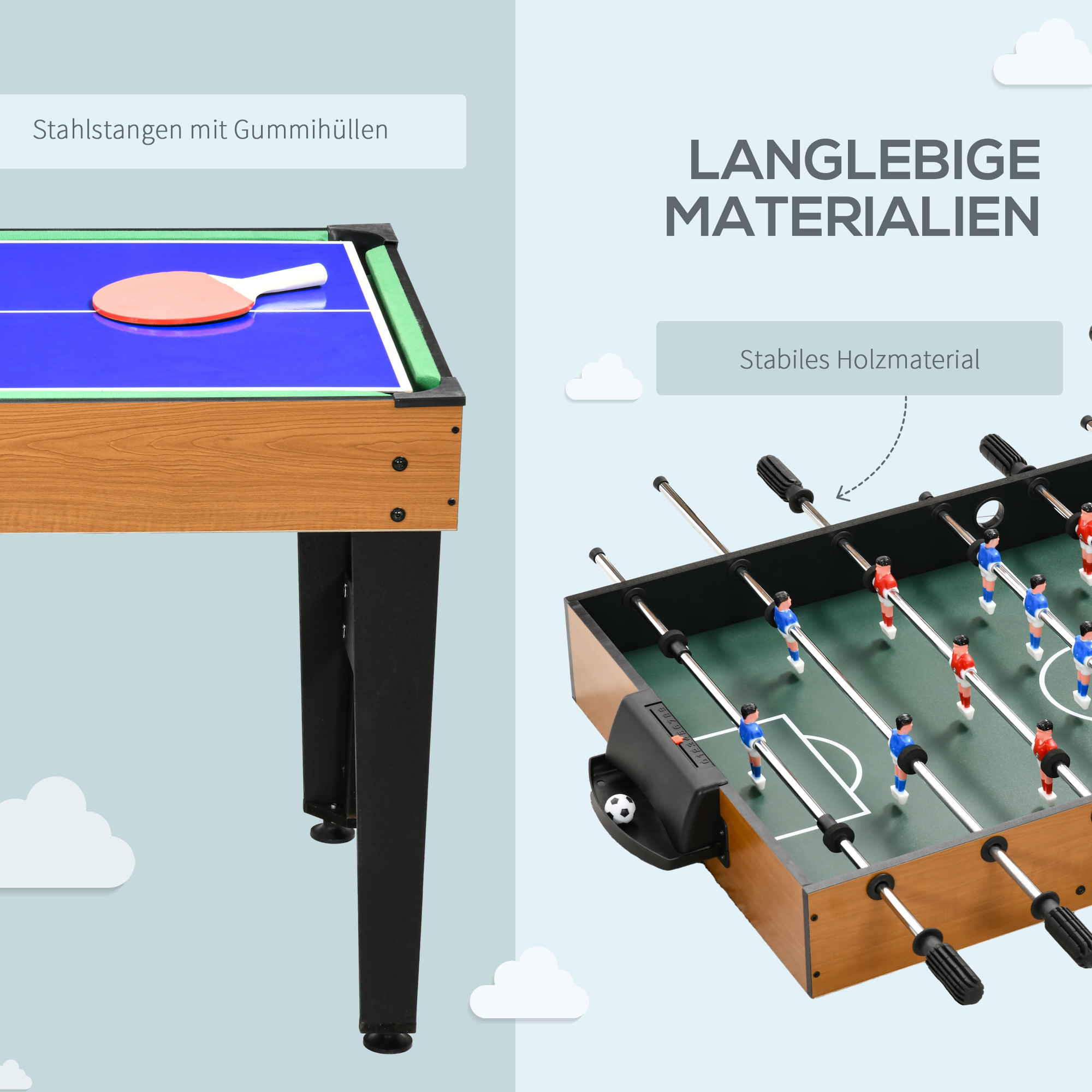 4-in-1 Partyspieltisch inkl. Tischtennis, Kicker, Billard, Tischhockey, Metall, Holz, Natur+Schwarz