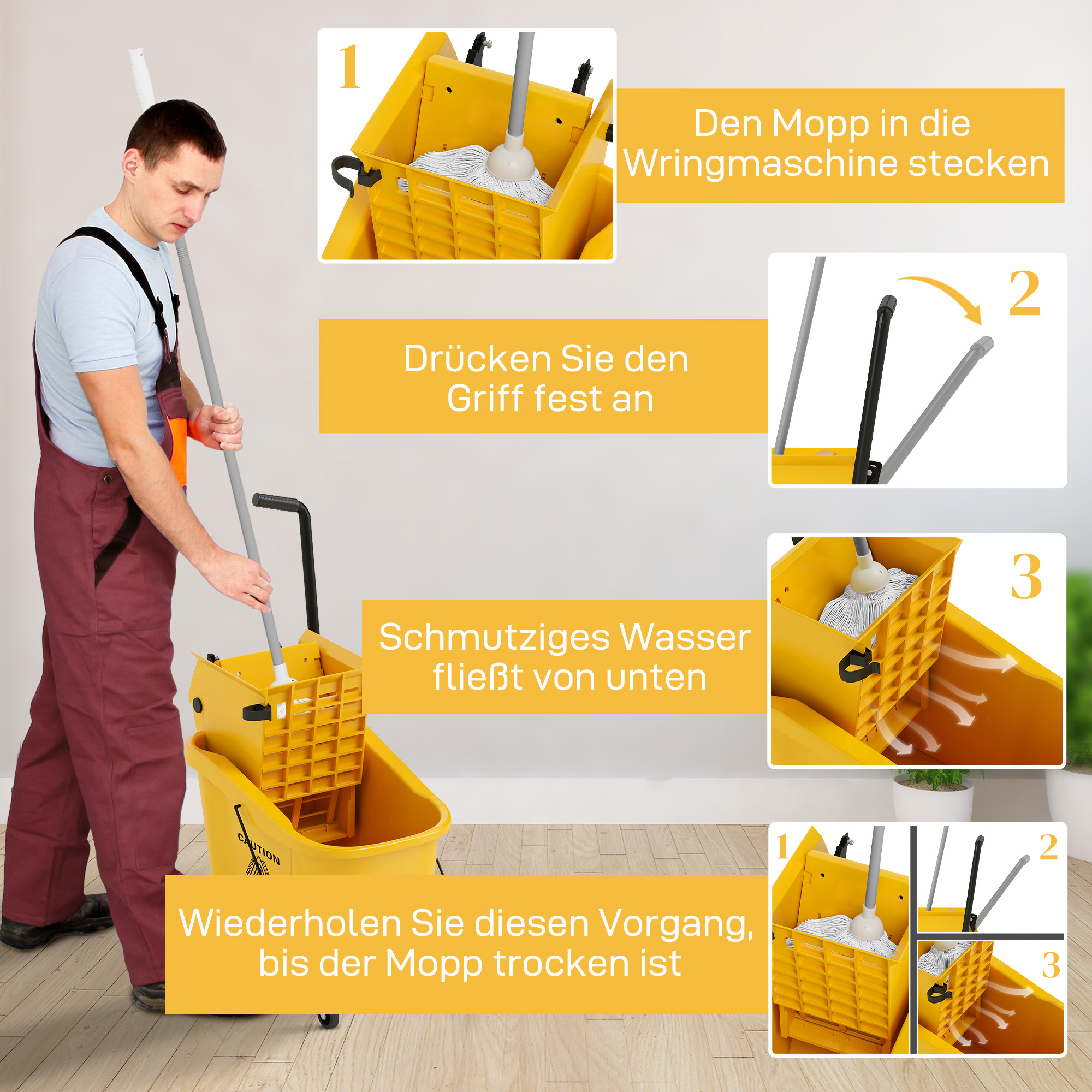 Wischeimer auf Rädern mit Mopp-Auswringer, Mopp-Halter, 36 Liter, Kunststoff, Gelb