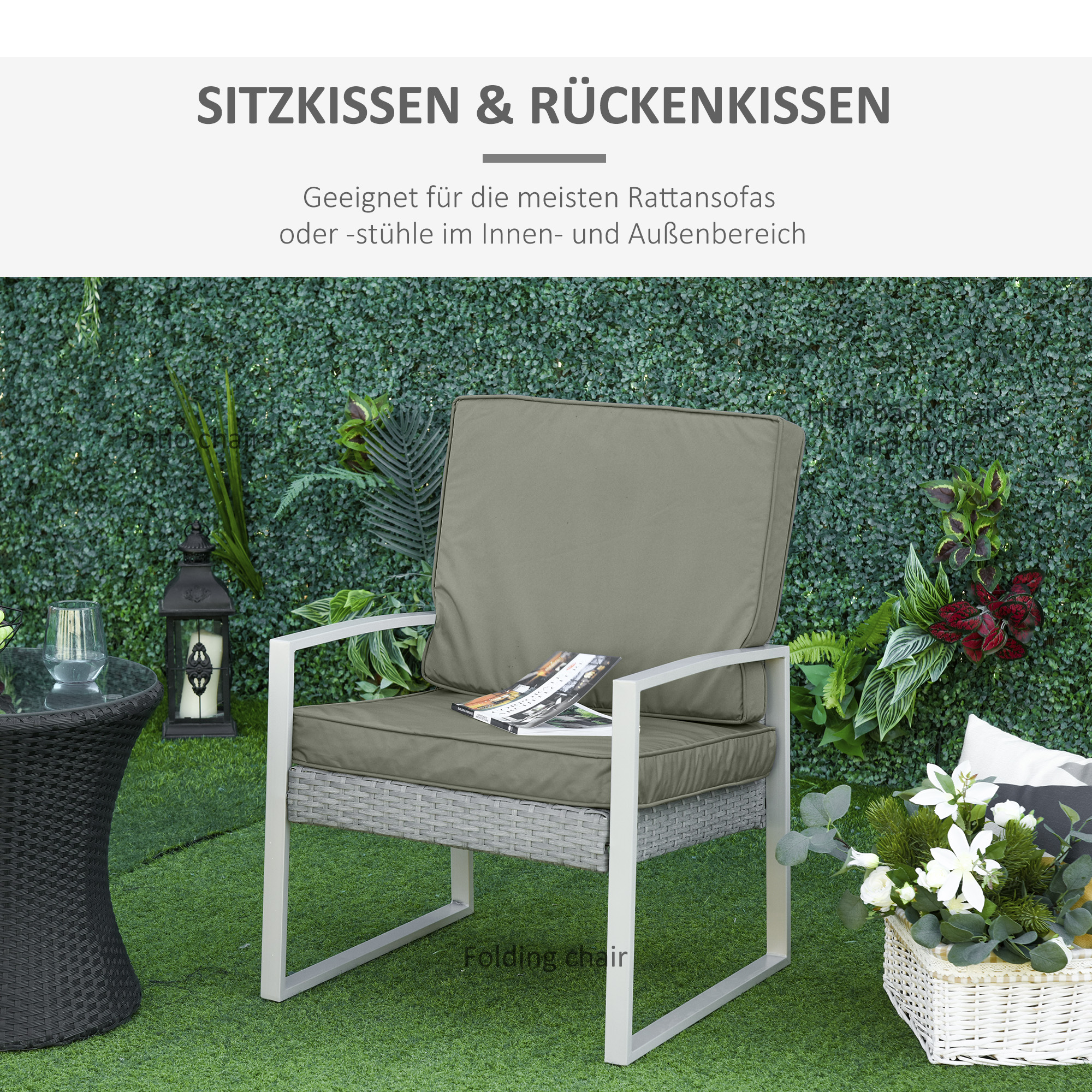 2 teilige Sitzkissen, 56 x 52 cm Stuhlkissen mit Reißverschluss, Stoffbezug, 7cm dick Polsterauflage, waschbar Dunkelgrau