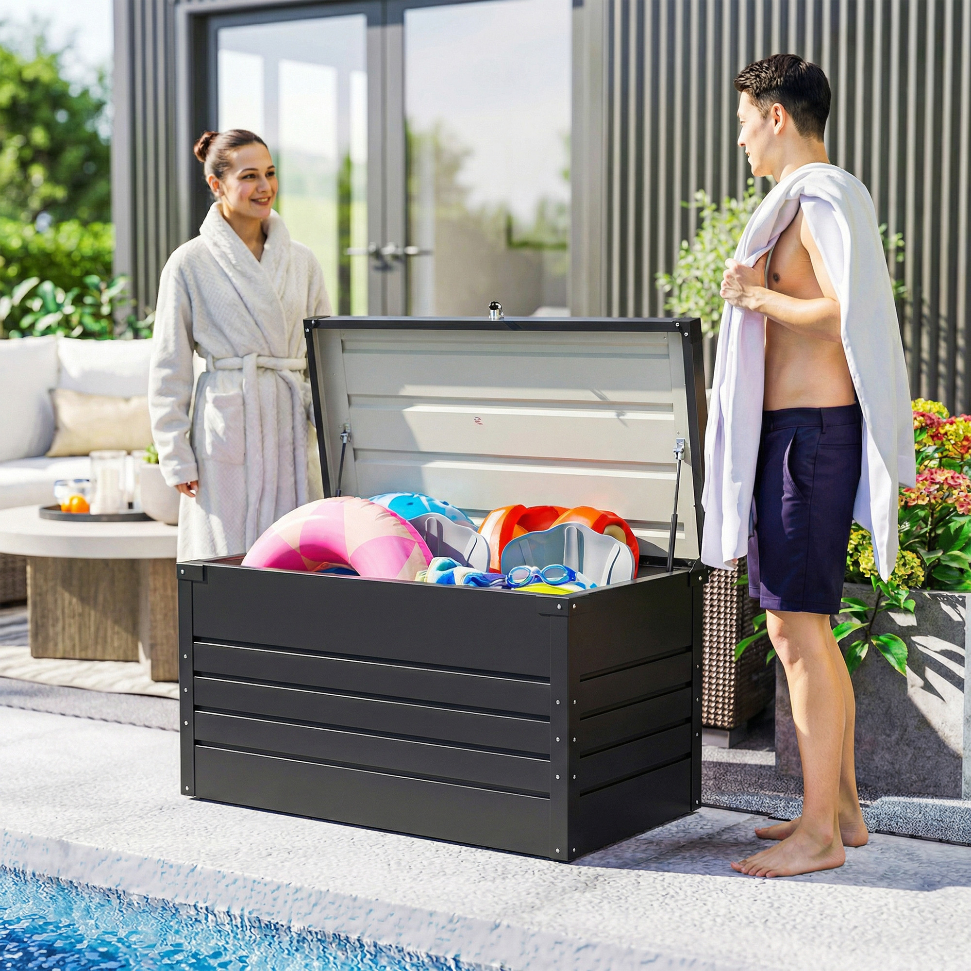 Gartenbox Metall 350L Kissenbox mit doppelwandig Deckel 120 x 61 x 62 cm Wasserdicht Abschließbar Grau