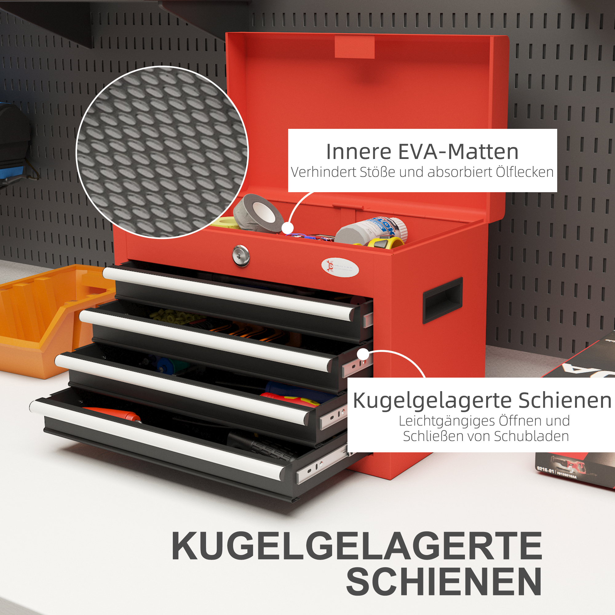 Werkzeugkasten Werkzeugtrolley, inkl, Schloss, 2 Schlüssel, 45 cm x 24,5 cm x 32,5 cm, Rot