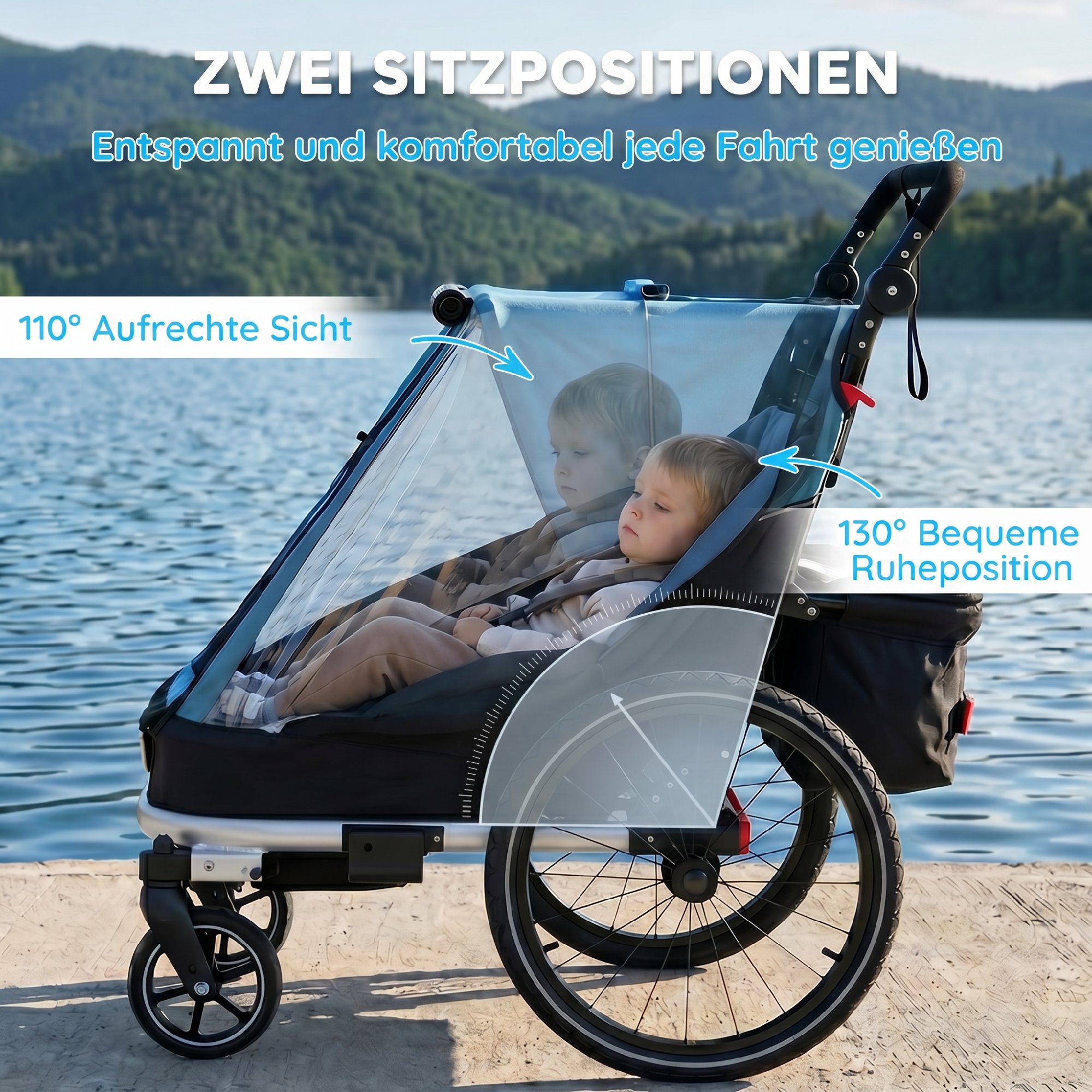 Fahrradanhänger für Kinder, 2-Sitzer, 2-in-1 faltbarer Kinderfahrradanhänger mit verstellbarem Sitz und Gurten, Blau