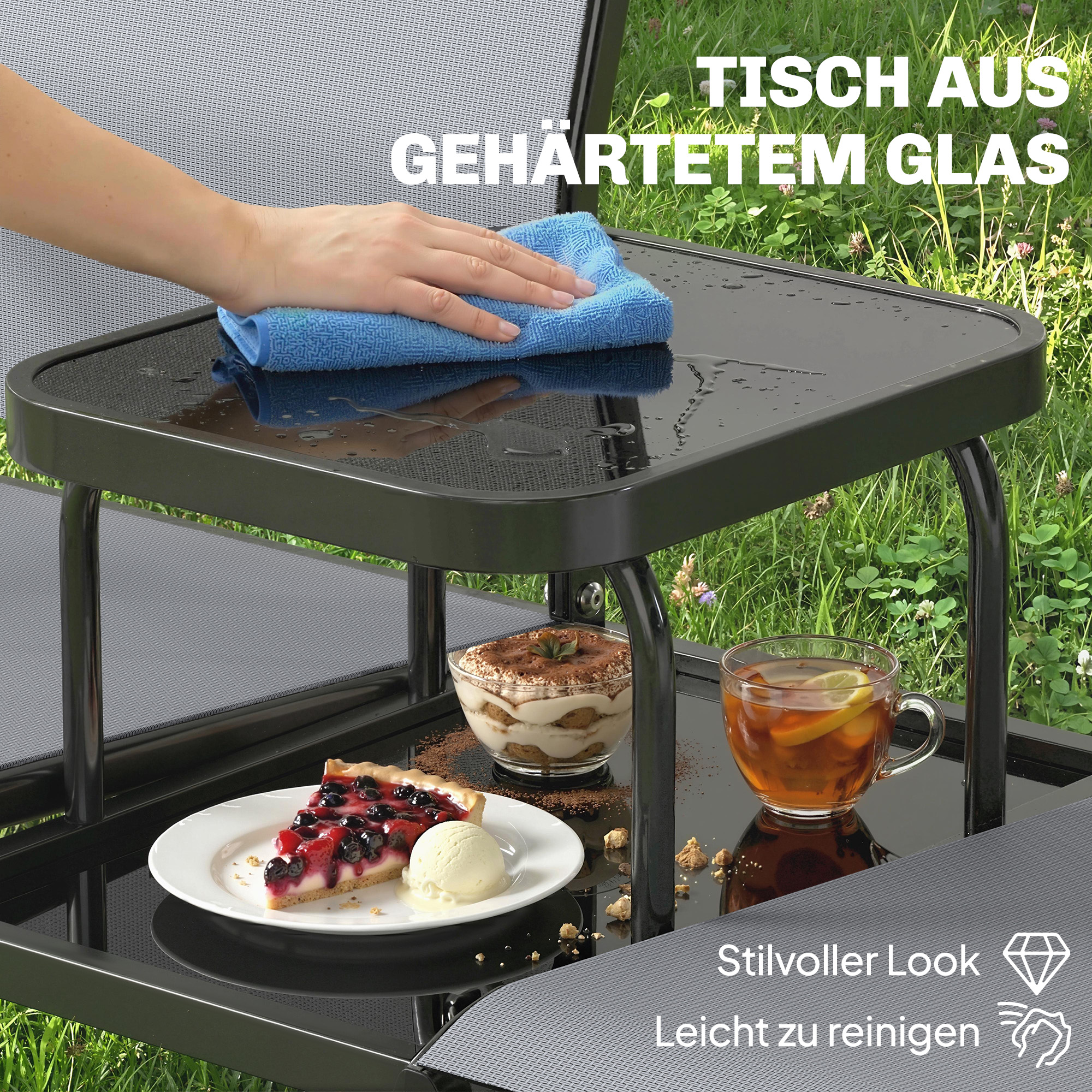 2-Sitzer Gartenbank Sitzbank mit Rücken- & Armlehnen, 2-stufigem Glastisch Parkbank 240kg belast 135 x 67 x 81 cm Grau