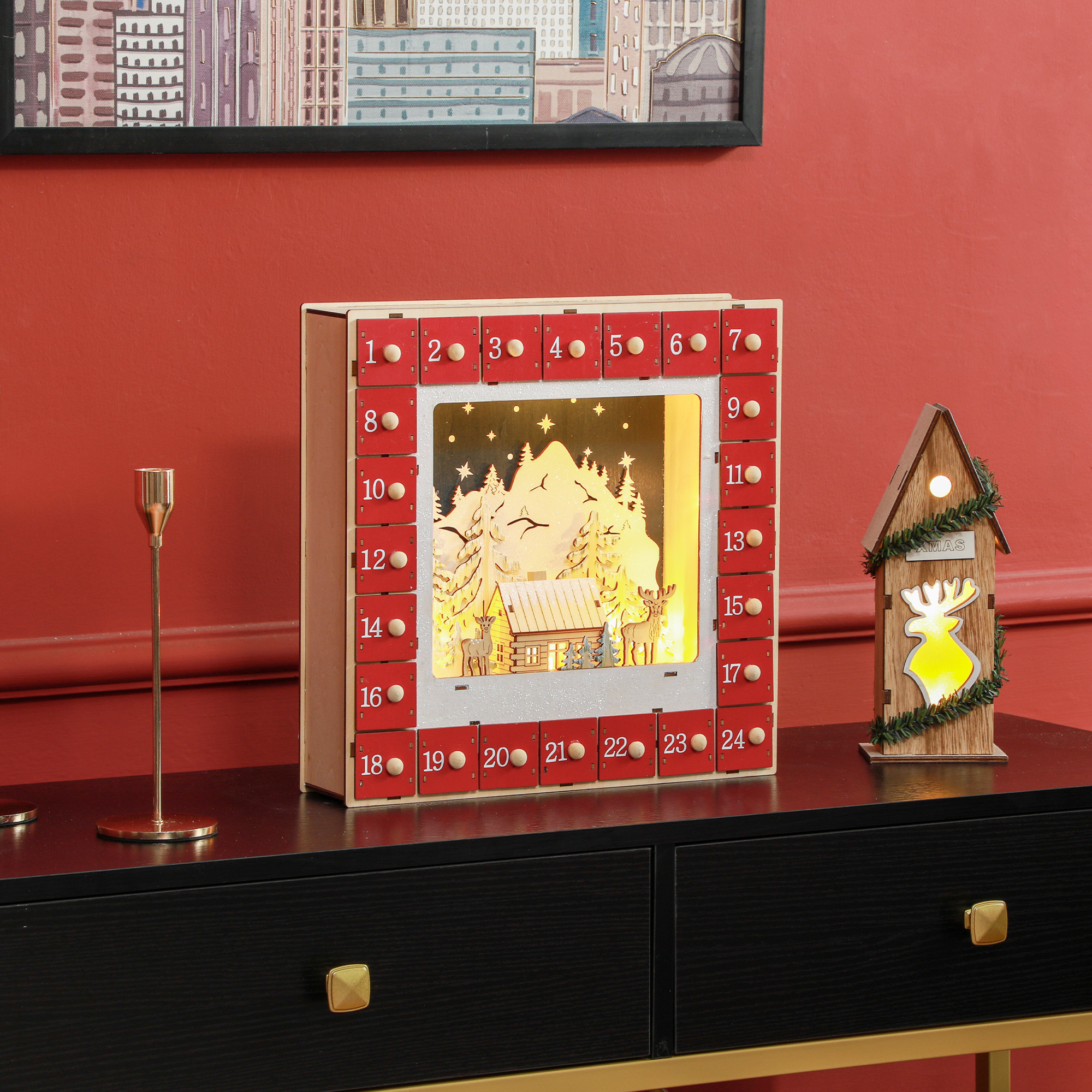 LED Adventskalender mit Dorfszene, 24 große Schubladen, MDF, 34 x 7 x 34 cm, Rot