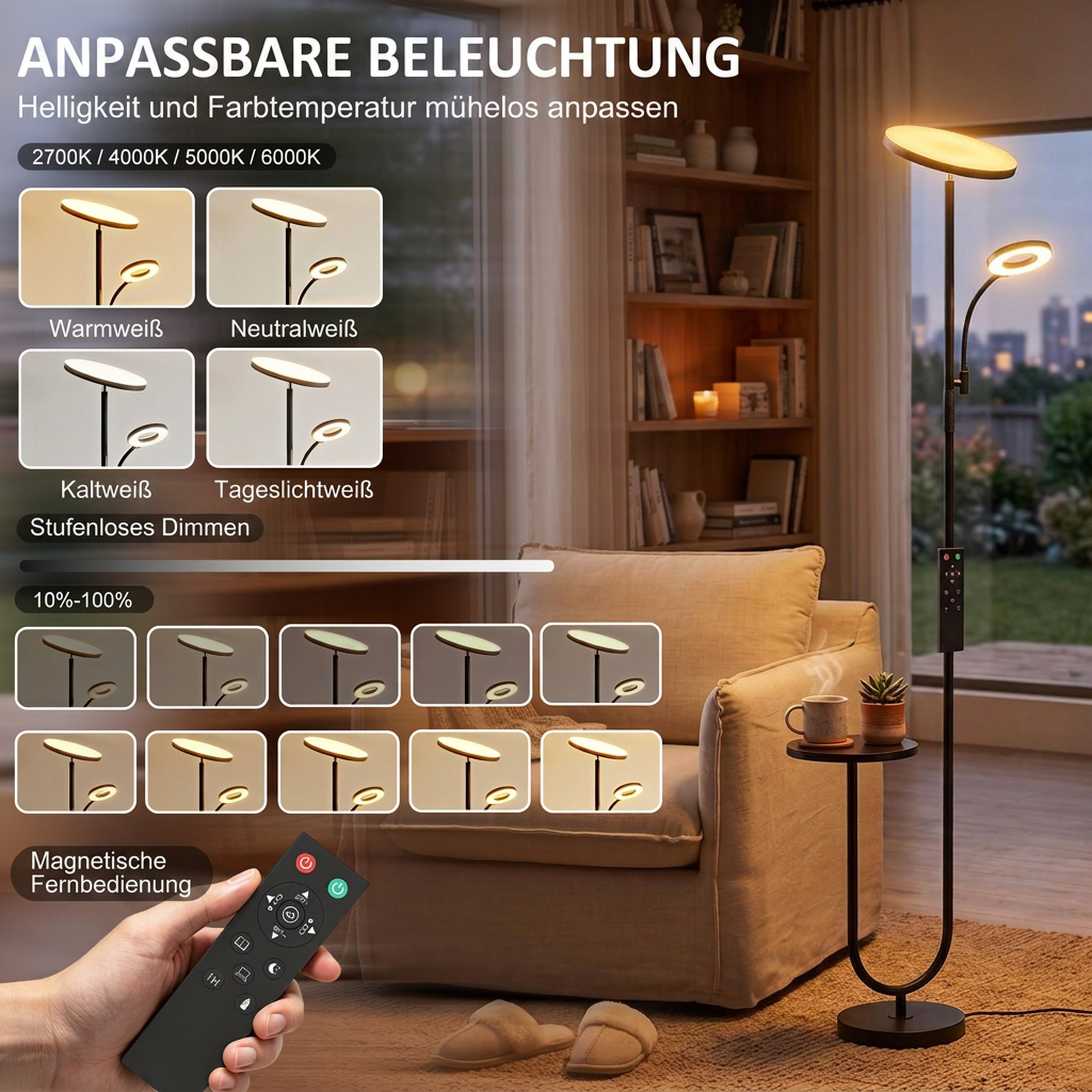 LED-Deckenfluter mit Ablagetisch und Leselampe, dimmbare Stehlampe mit Fernbedienung, 4 Farbtemperaturen