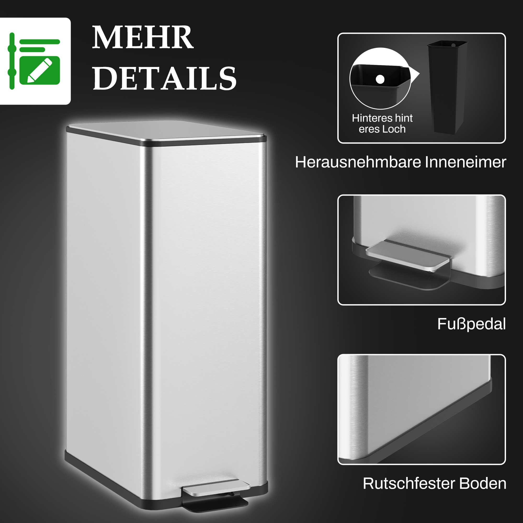 Mülleimer 20L, Soft-Close-Deckel, Deodorant-Fach, Fingerabdrucksicher, Edelstahl, Silber
