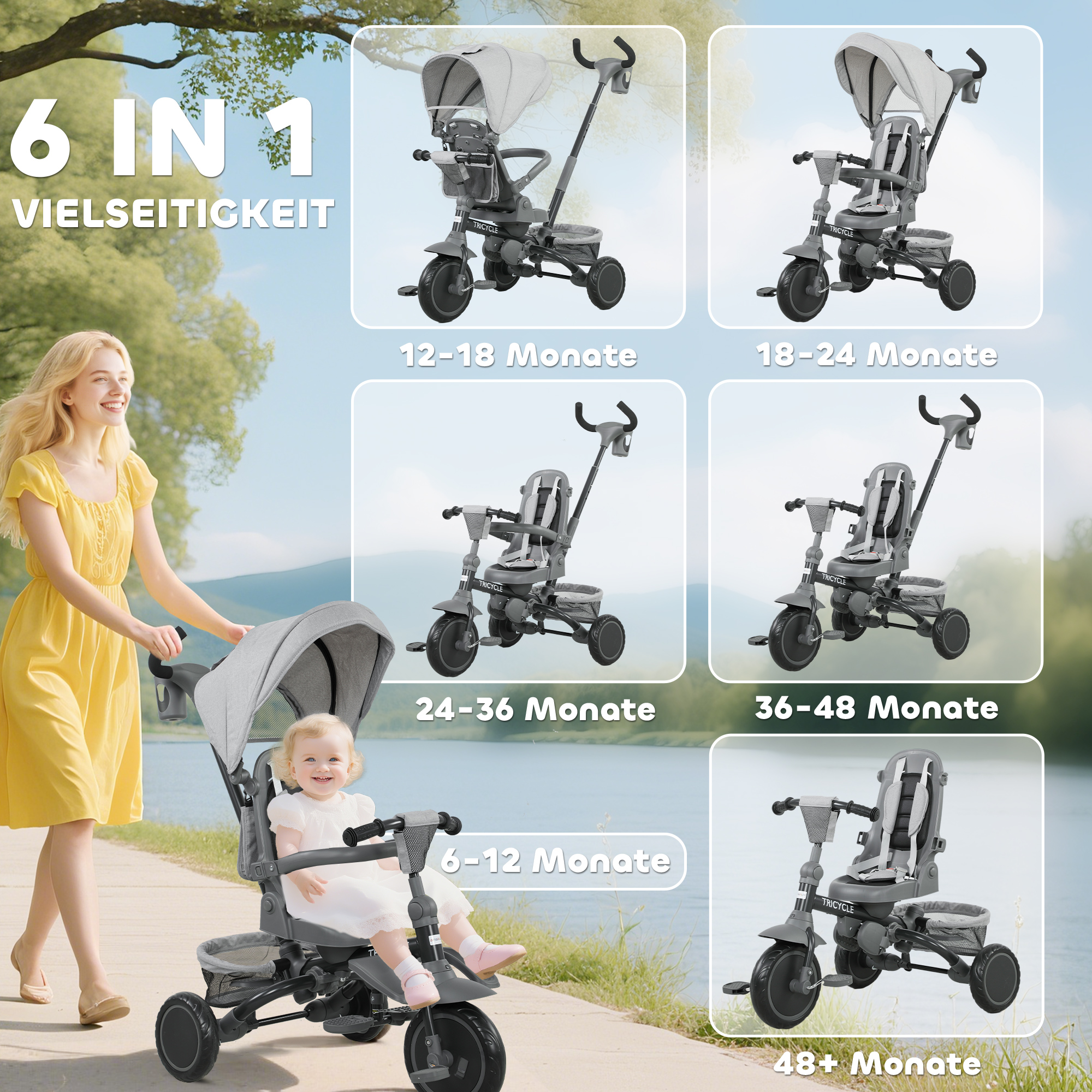 Kinderdreirad, 6-in-1 Buggy für Kleinkinder, mit Schiebegriff, verstellbarer Sitz, faltbares Design, Sicherheitsnetz, Grau