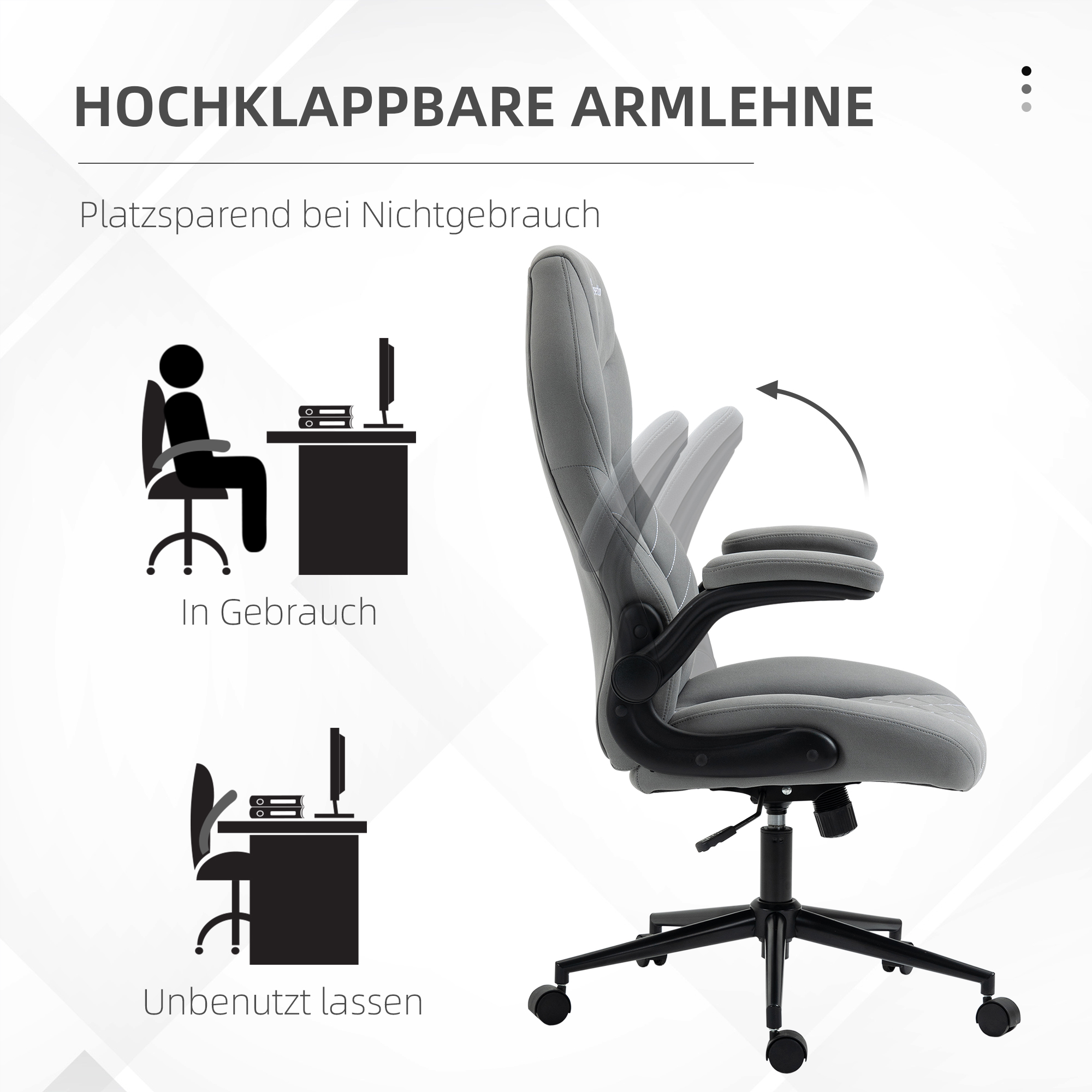 Bürostuhl mit Rückenlehne, höhenverstellbar, klappbare Armlehnen, Wippfunktion, Hellgrau