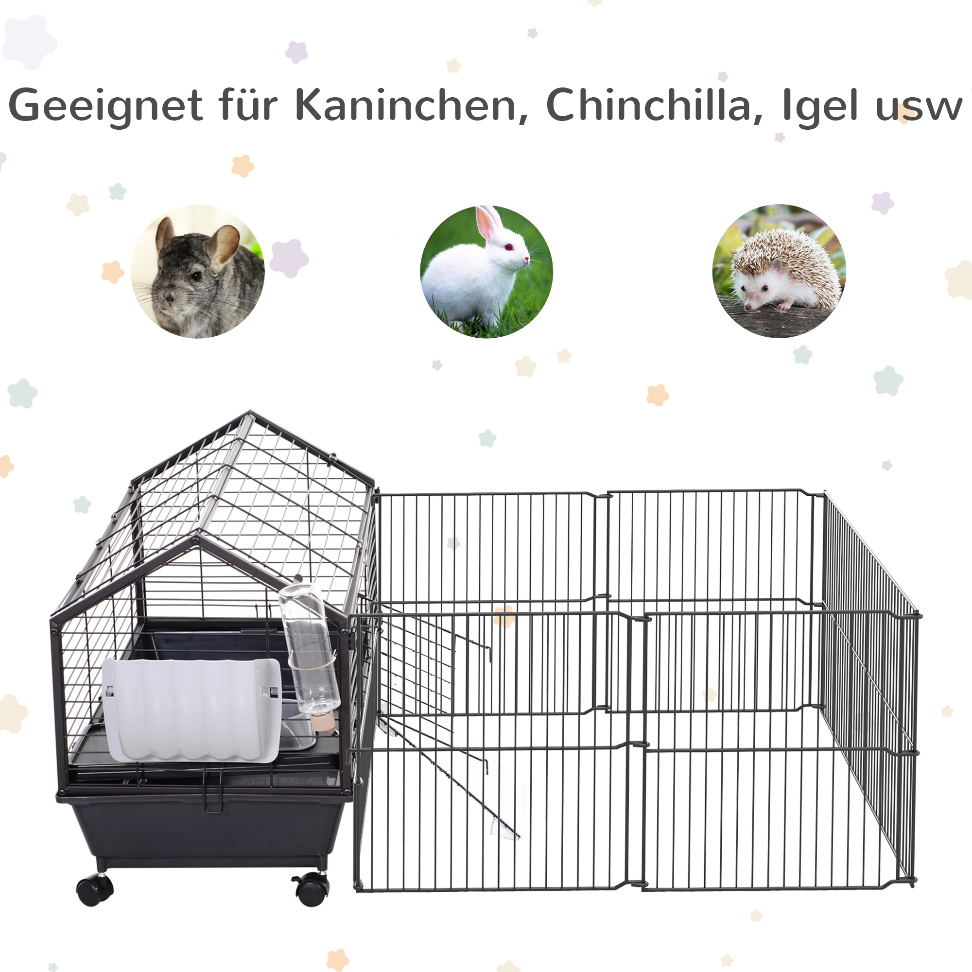Kleintierkäfig mit Freigehege inkl. Zubehör 88 cm x 128,5 cm x 56 cm  4 Rollen Schwarz Metall Polypropylen