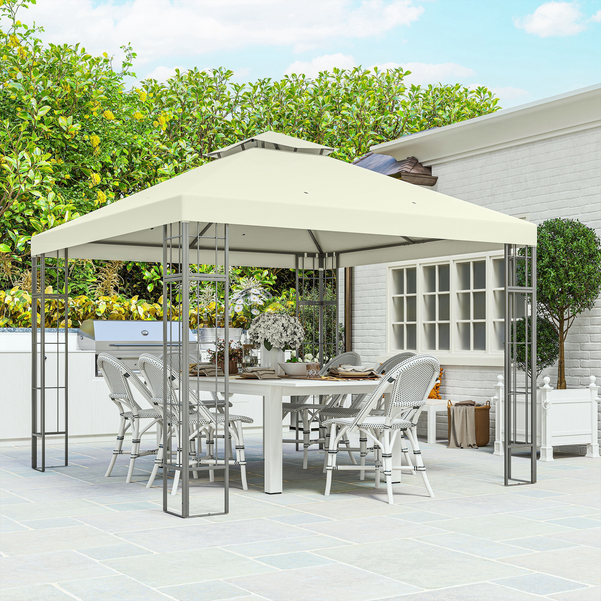 3 x 3 m Garten-Pavillon, 2-Stufen-Dach-Design, UV30+ Schutz, UV-beständig, Sonnenschutz, Metallrahmen, Cremeweiß