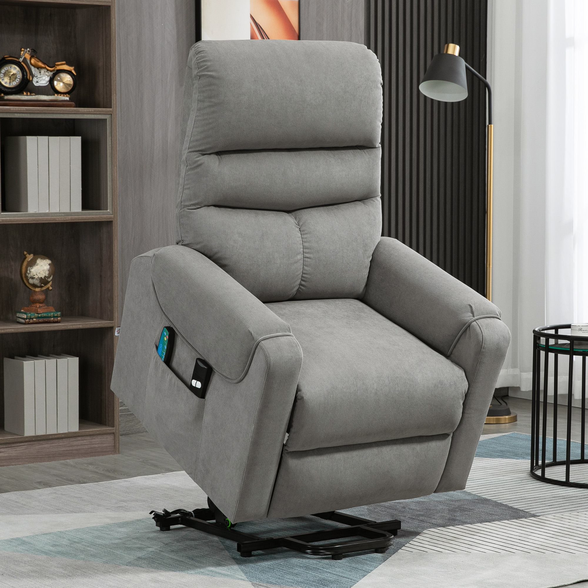 Fernsehsessel mit Aufstehhilfe Elektrisch, Massagesessel mit Liegefunktion und Wärmefunktion, Relaxsessel mit Fernbedienung und Seitentasche Verstellbar Polyester-Gewebe Dunkelgrau