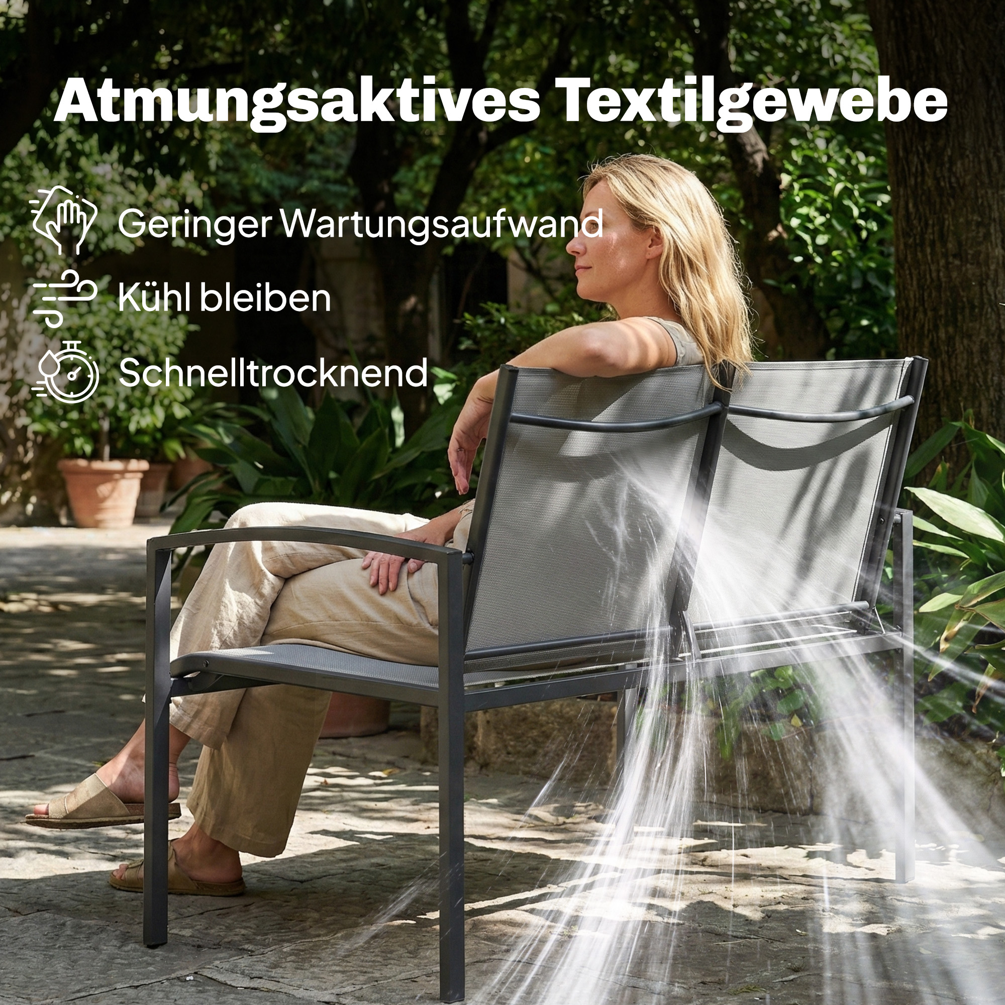 Gartenbank 2-Sitzer wetterfest Metall Outdoor Sitzbank mit atmungsaktivem Sitz gebogen Armlehnen 112 x 66 x 80 cm Grau