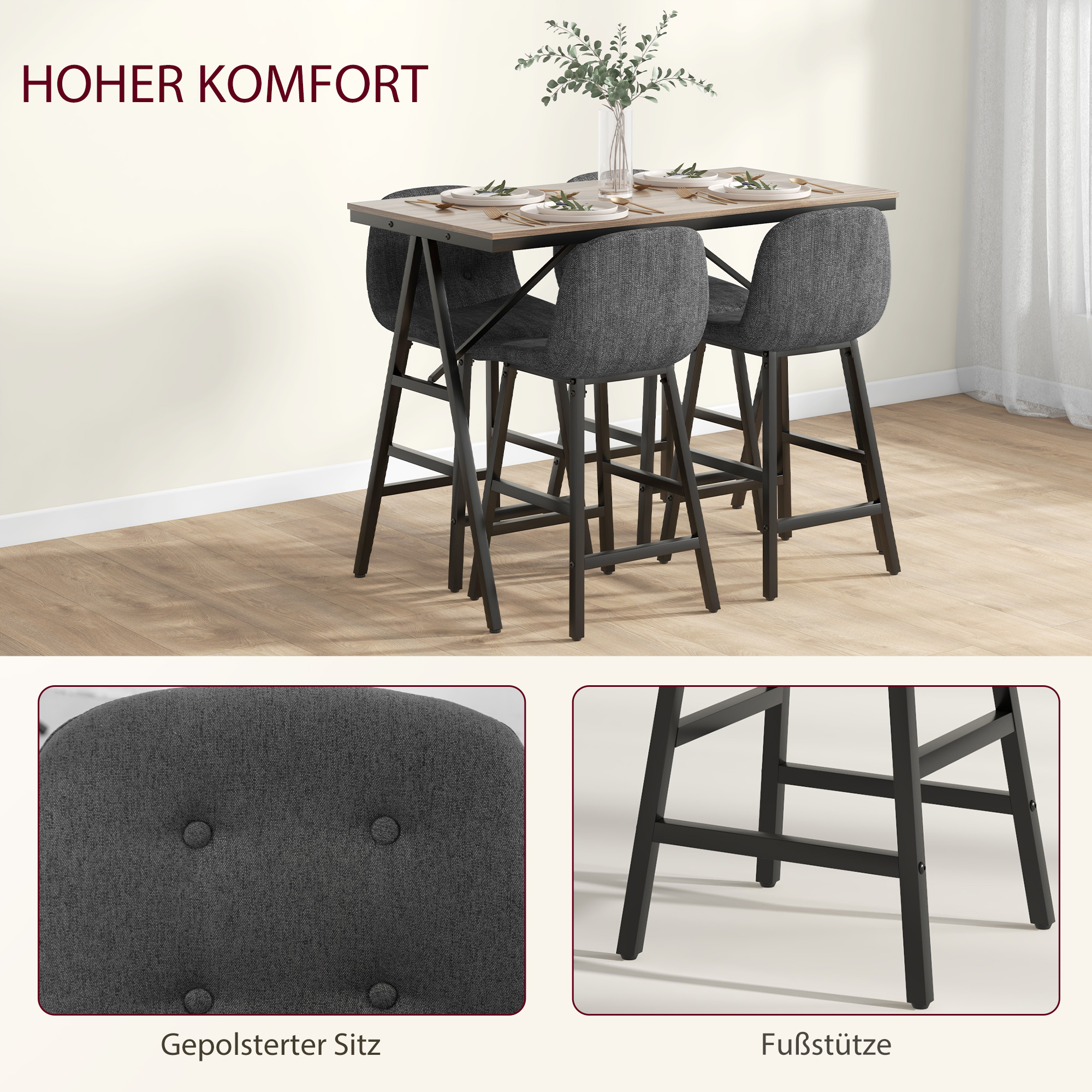 Bargarnitur 5-teilig, Tisch und 4 Stühle, Knopfheftung, dicke Polsterung, Leinenoptik, Dunkelgrau