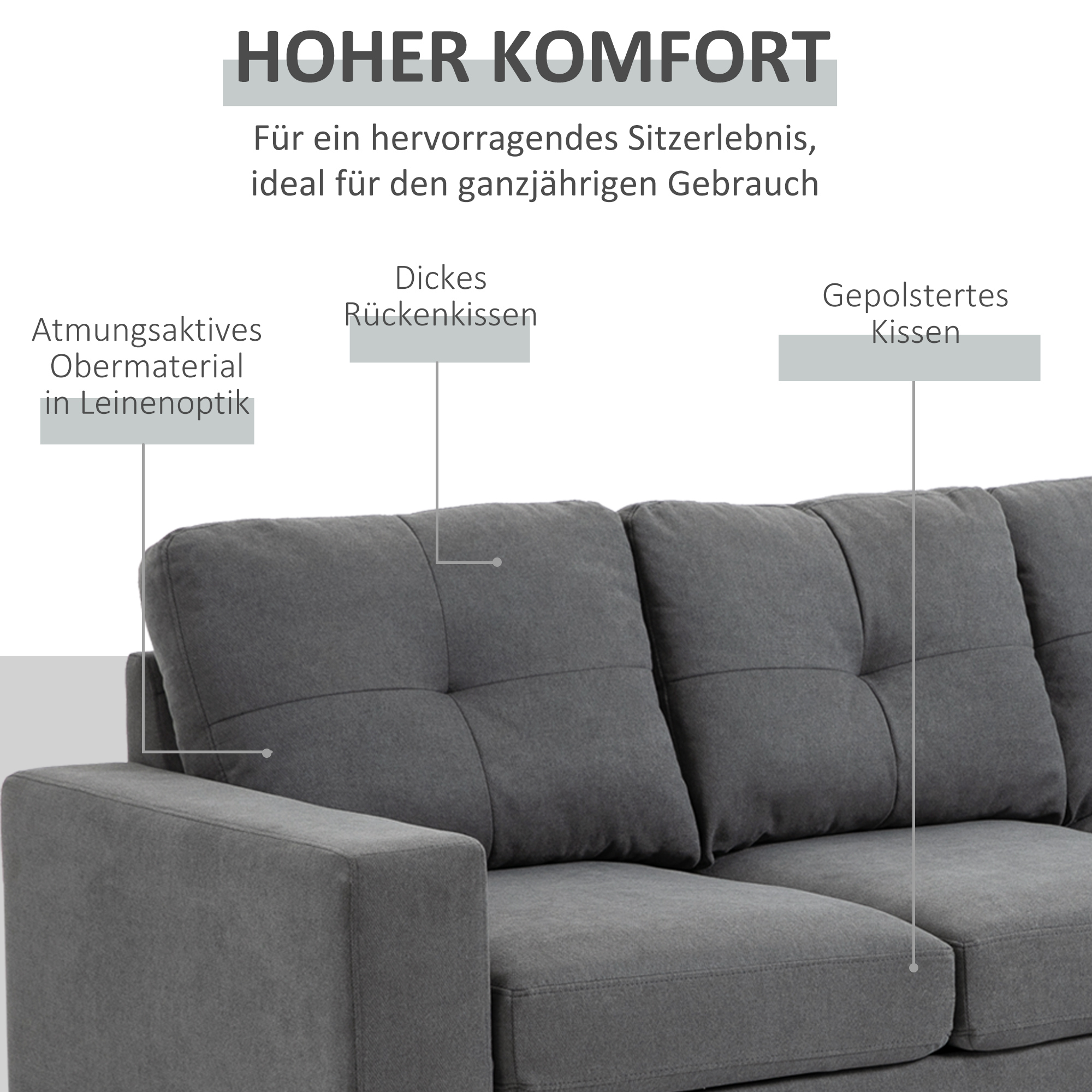 Ecksofa im Skandidesign, mit Knopfheftung, Massivholz, Leinenoptik, Grau
