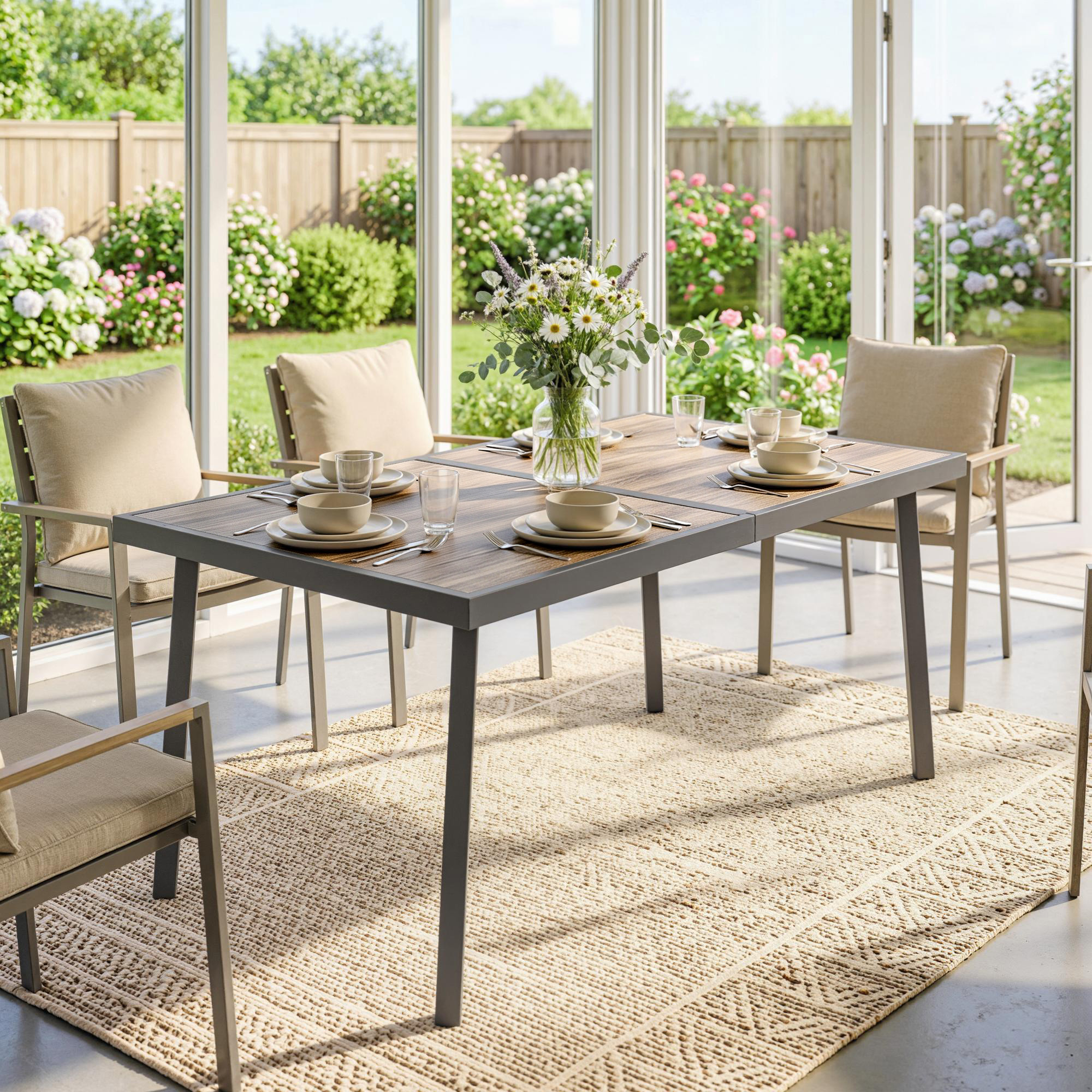 Outdoor Tisch für 6 Personen, Holzoptik, Metallrahmen, wetterfest, 145 x 85 x 72 cm, Grau