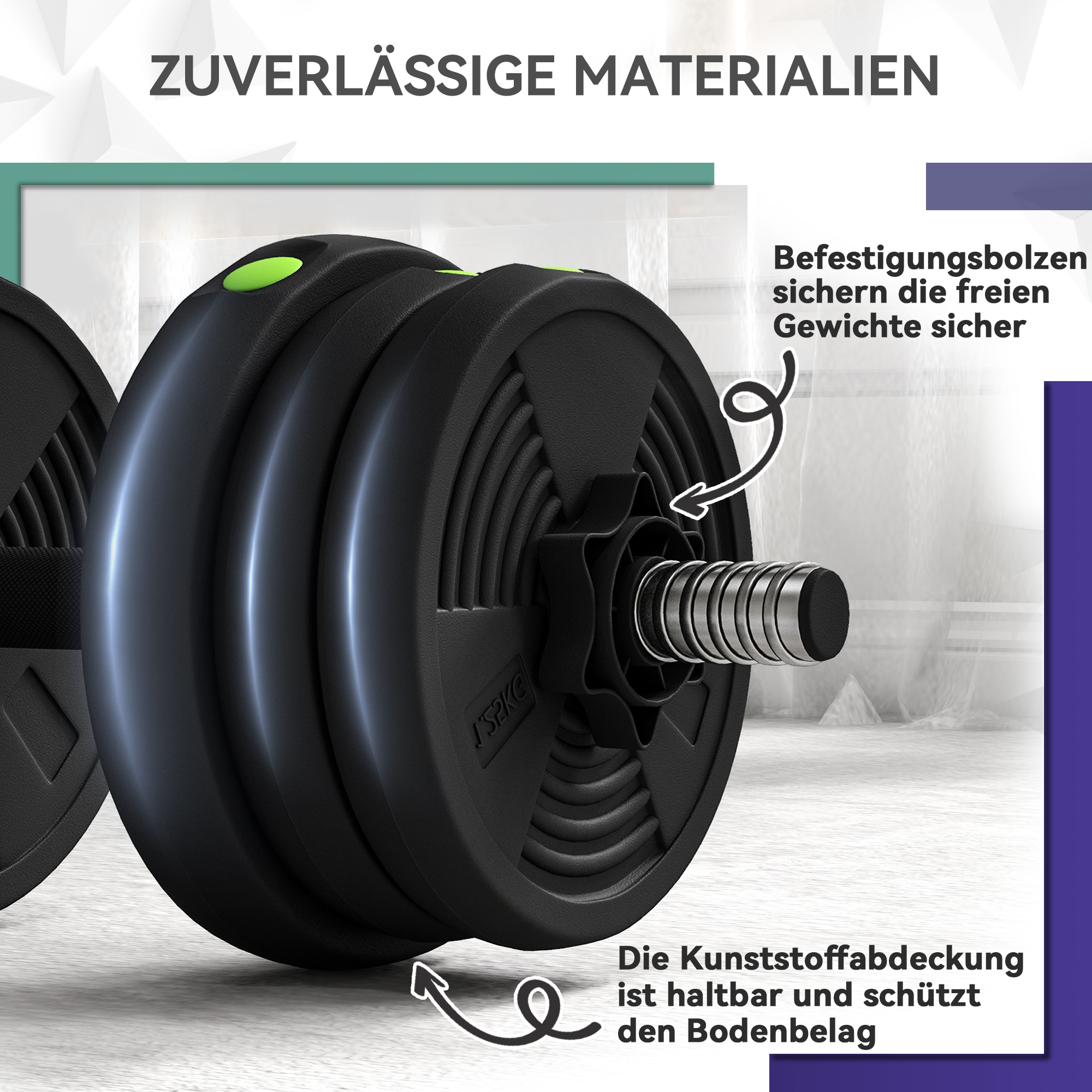 2-in-1 Hantel-Set, Lang- & Kurzhantel, 20 kg, rutschfest, bodenschonend, Schwarz/Grün