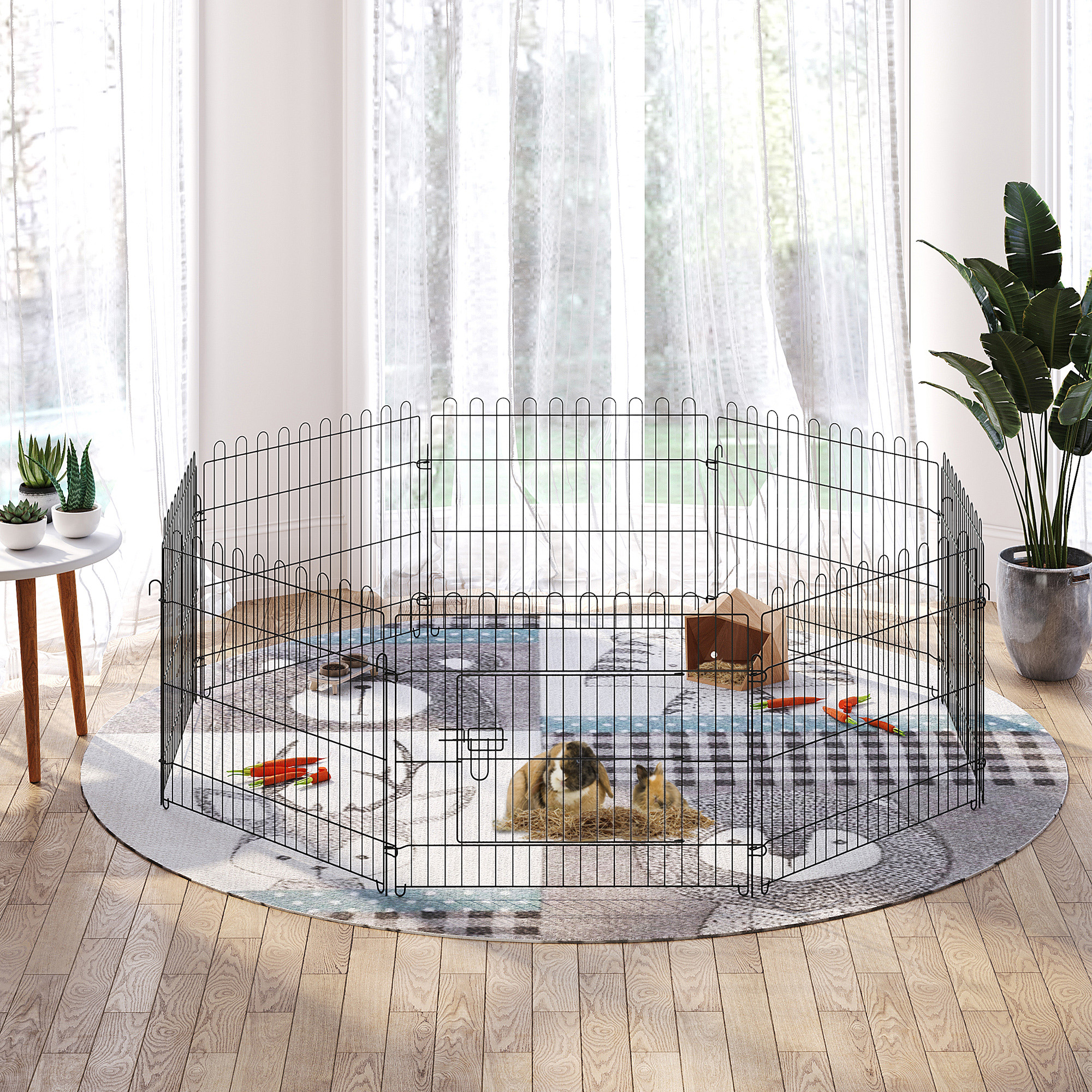 Welpenlaufstall 8-TLG Welpenauslauf mit 8 Gitterplatten Tür Schutzplane Freilaufgehege 61cm hoch Welpengitter Laufstall für Haustiere Hund Katze Welpe Laufgitter für drinnen und draußen