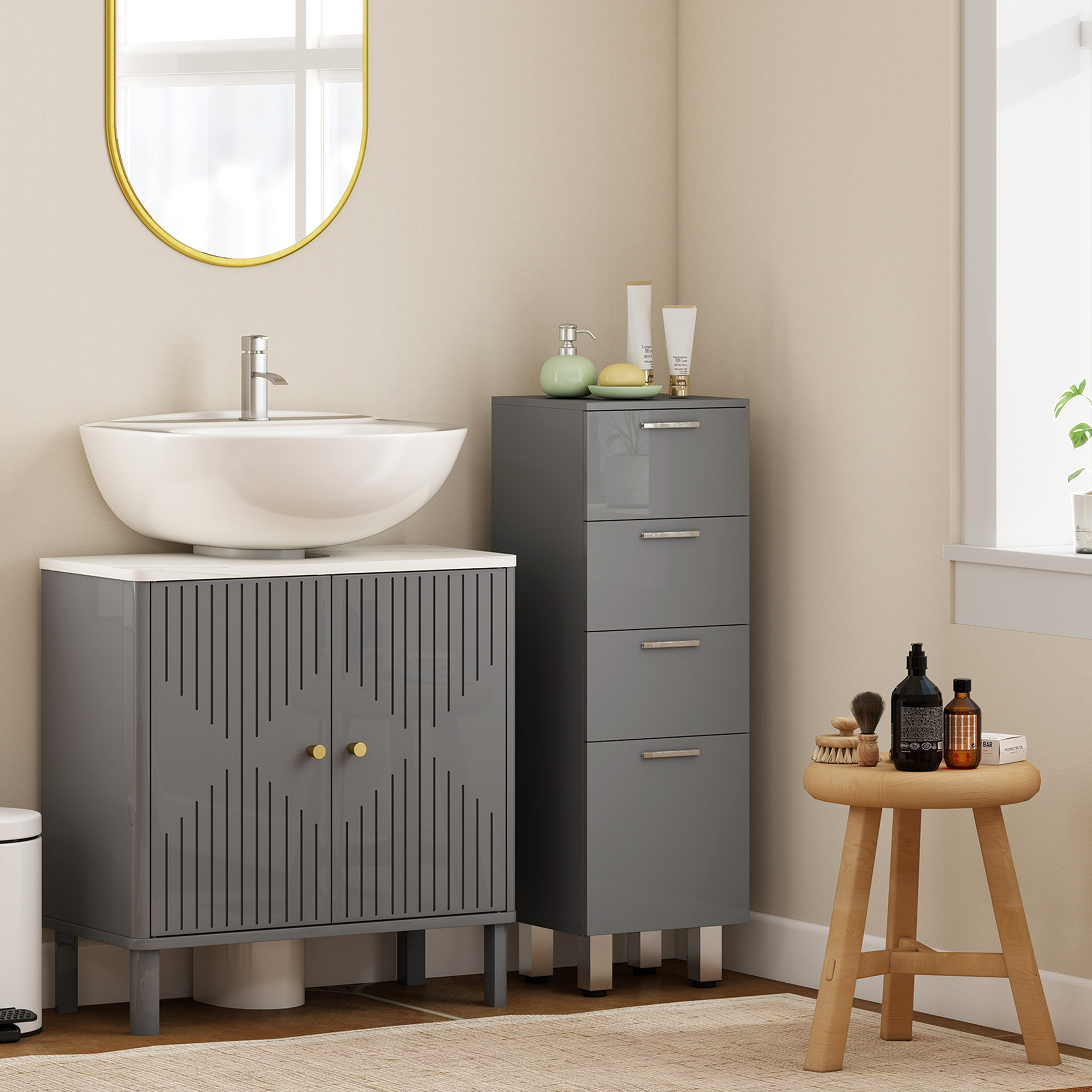 Badezimmerschrank, Badschrank, 4 Schubladen, Spanplatte, glatt, Grau