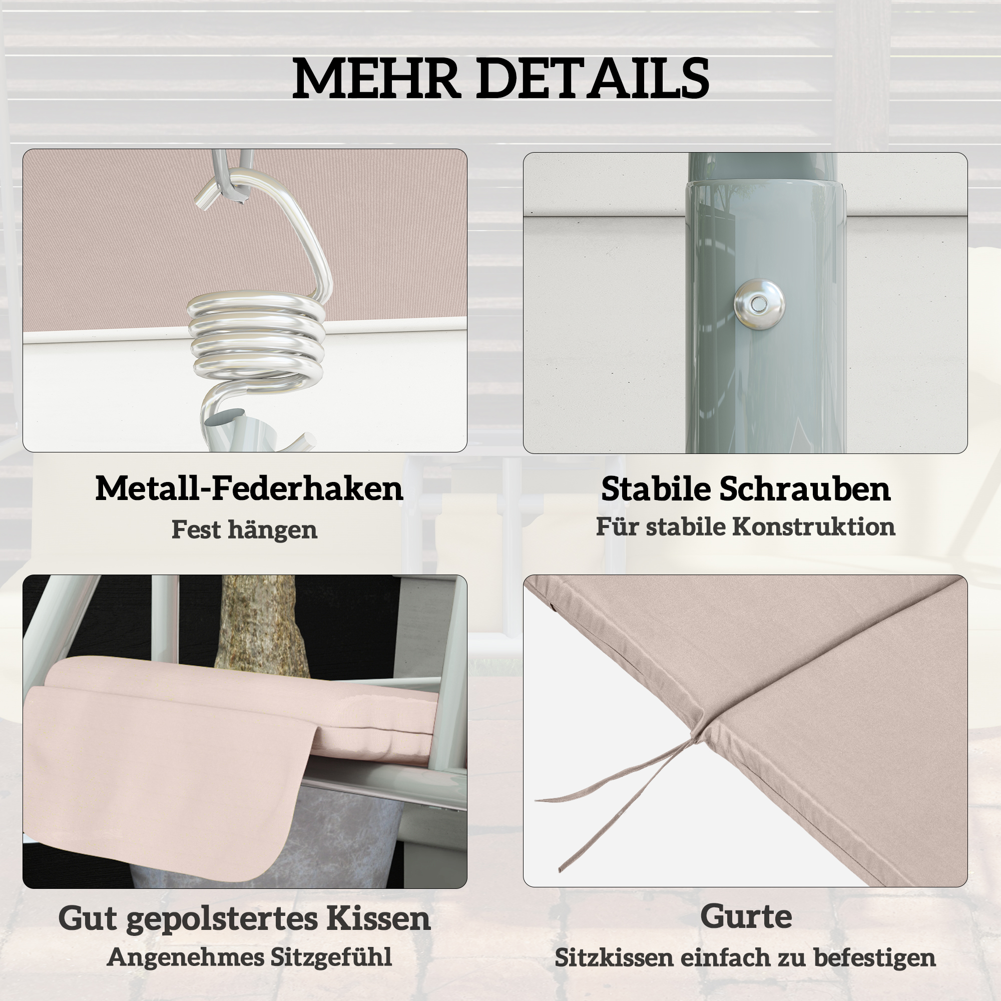 Hollywoodschaukel, Gartenschaukel, 2-Sitzer-Schaukel mit Sonnendach, 175 x 112 x 158 cm, Beige