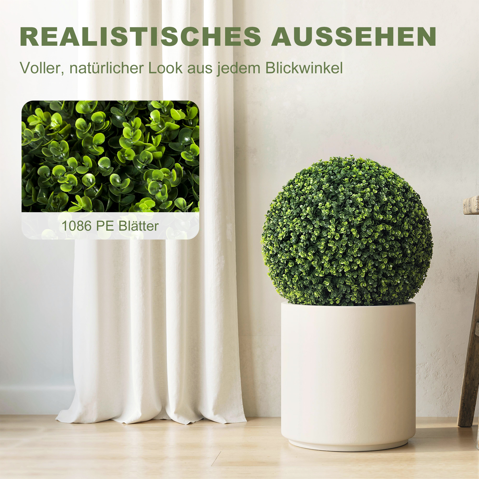 52 cm künstliche Buchsbaum-Kugeln im 2er-Set, UV-beständige Dekopflanzen mit 1086 Blättern für Innen- und Außen