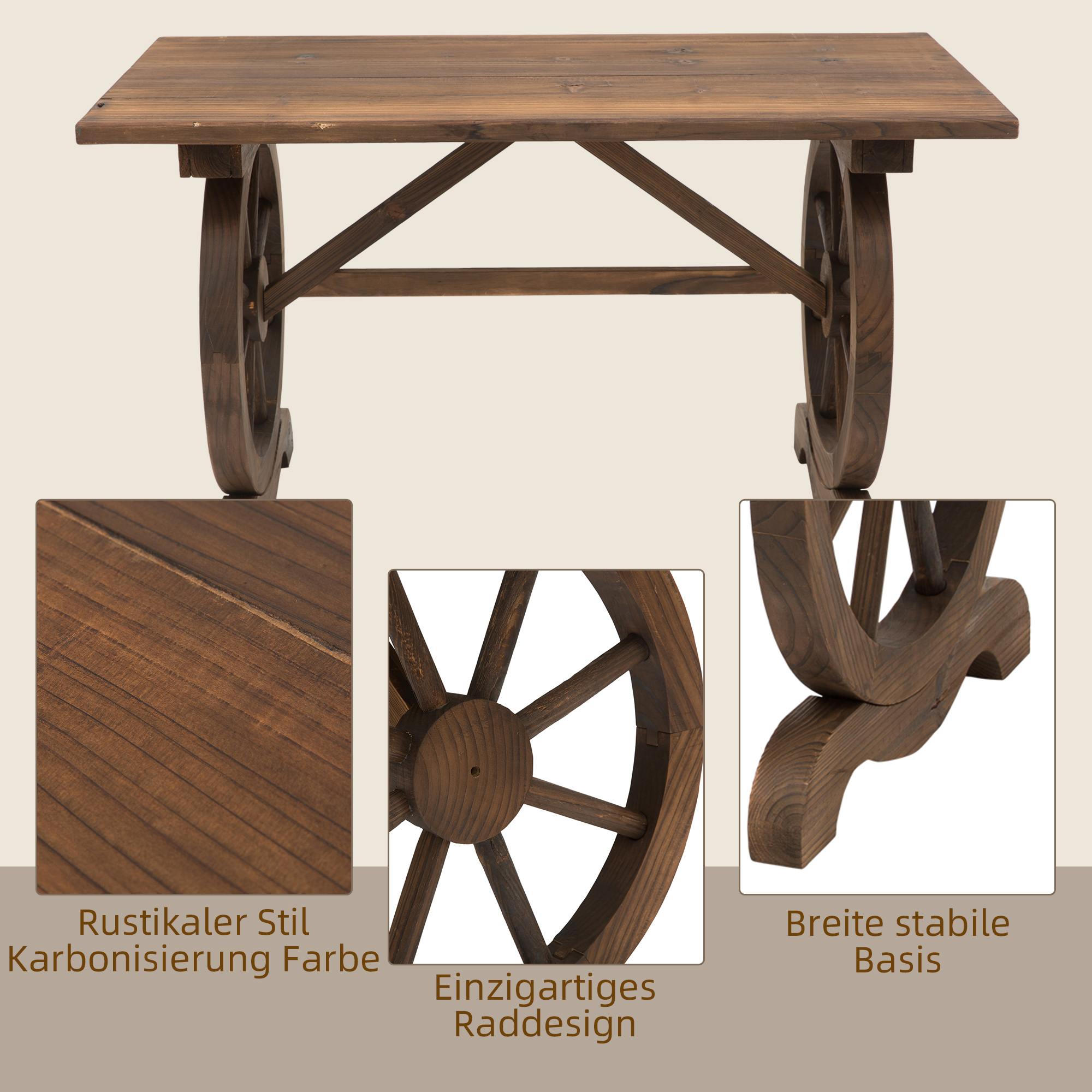 Gartentisch, Balkontisch, Holztisch, Räderform, Witterungsbeständig, Massivholz, Natur, 110 x B60 x H65 cm