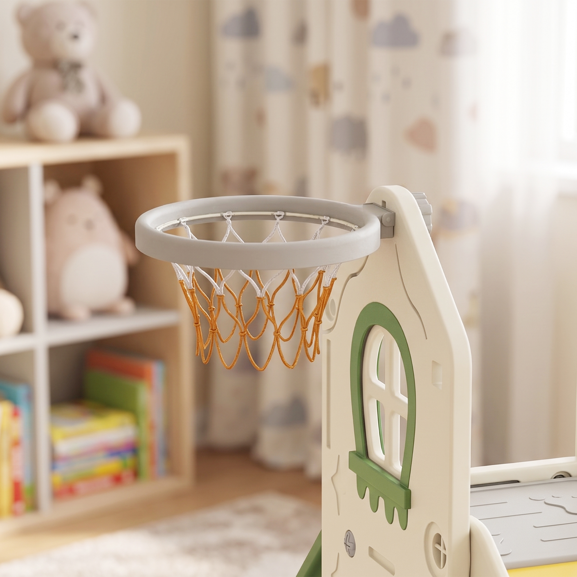faltbare 4-in-1 Kleinkinderrutsche mit Kletterelement, Basketballkorb, Stauraum und Basketball für Kinder von 1-3 Jahren, Cremeweiß