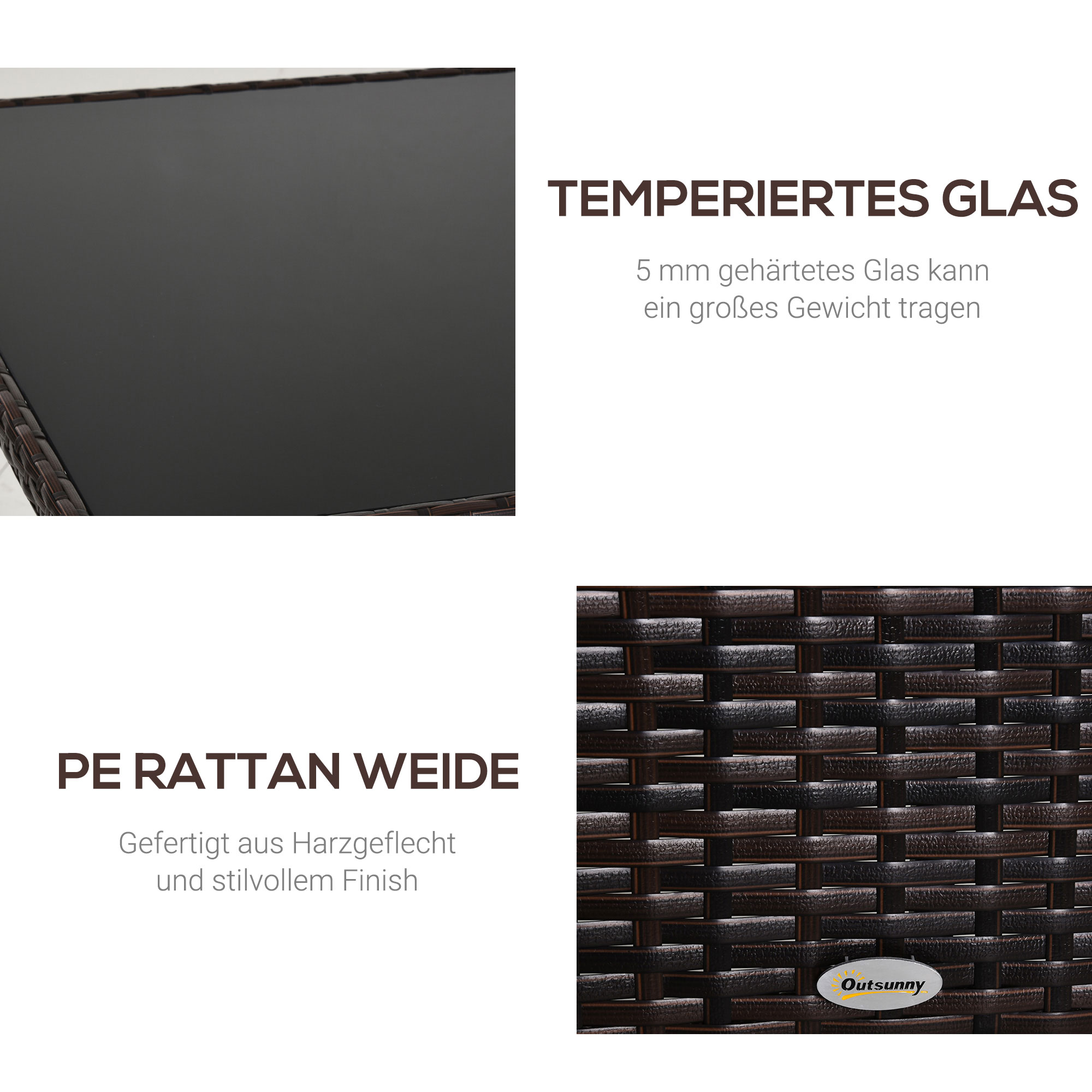 Gartentisch Glastisch Esstisch Gartenmöbel Tisch, Polyrattan+Sicherheitsglas, braun+schwarz, 150x85x74cm