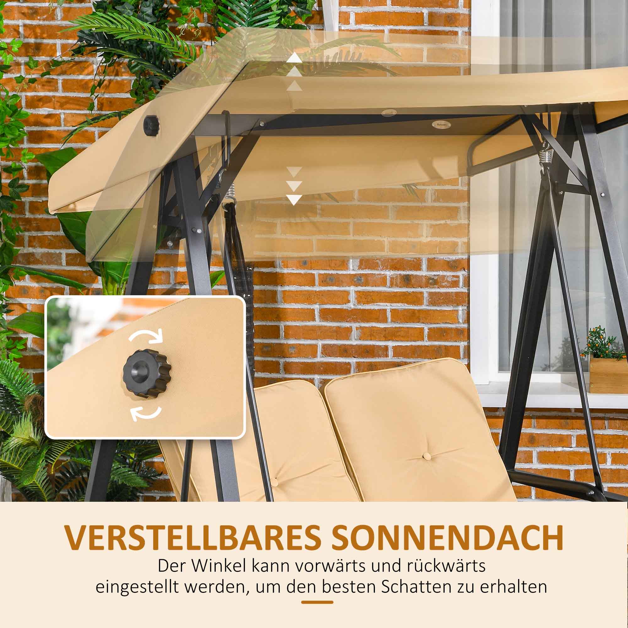 Hollywoodschaukel, 2-Sitzer Gartenschaukel mit verstellbarem Dach, bis 220 kg belastbar, 145 x 116 x 172 cm, Beige