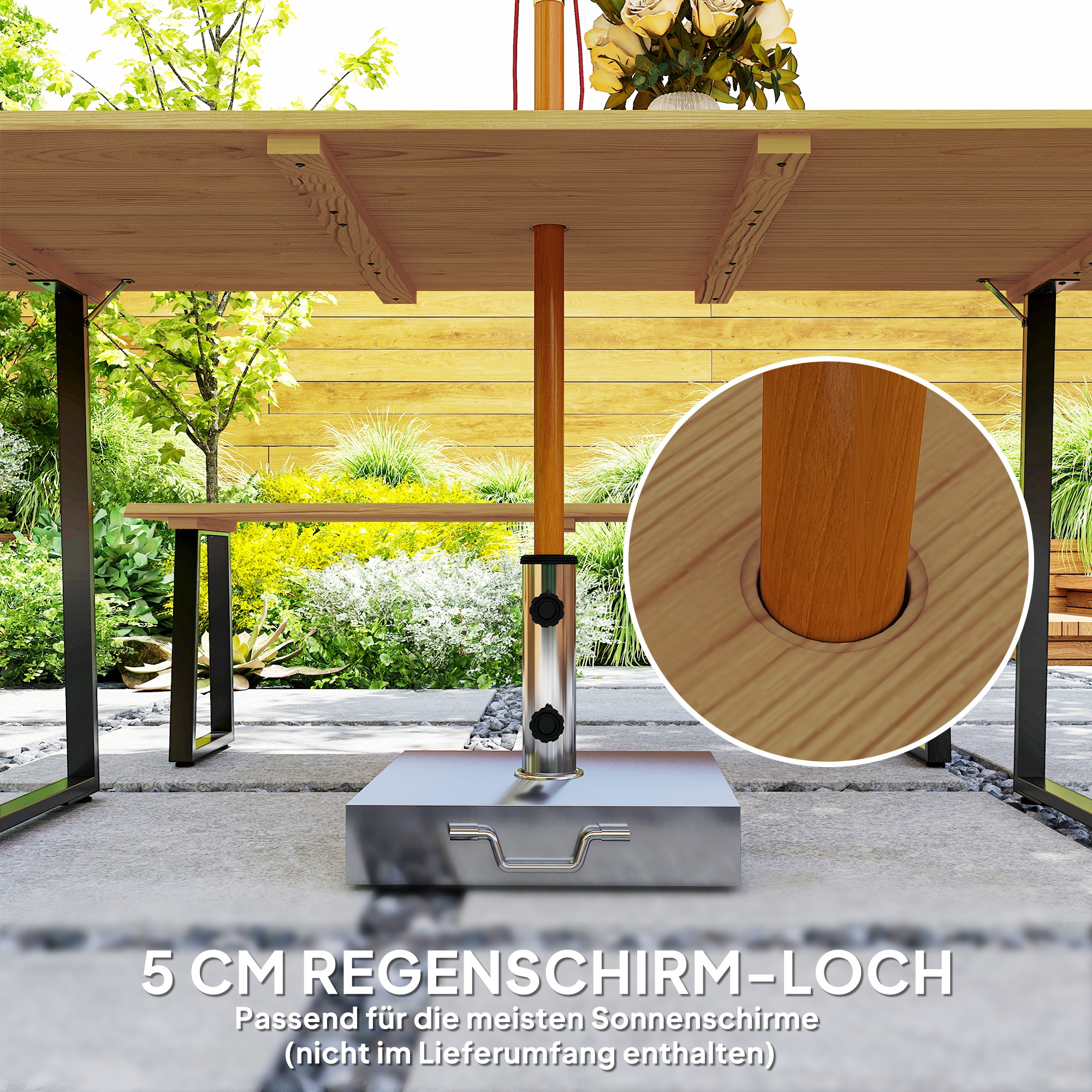 Sitzgruppe 3-teilig Holz Essgruppe für 6 Personen Esstisch mit 2 Bänke Schirmloch Holztisch 178 x 76 x 77 cm Naturholz