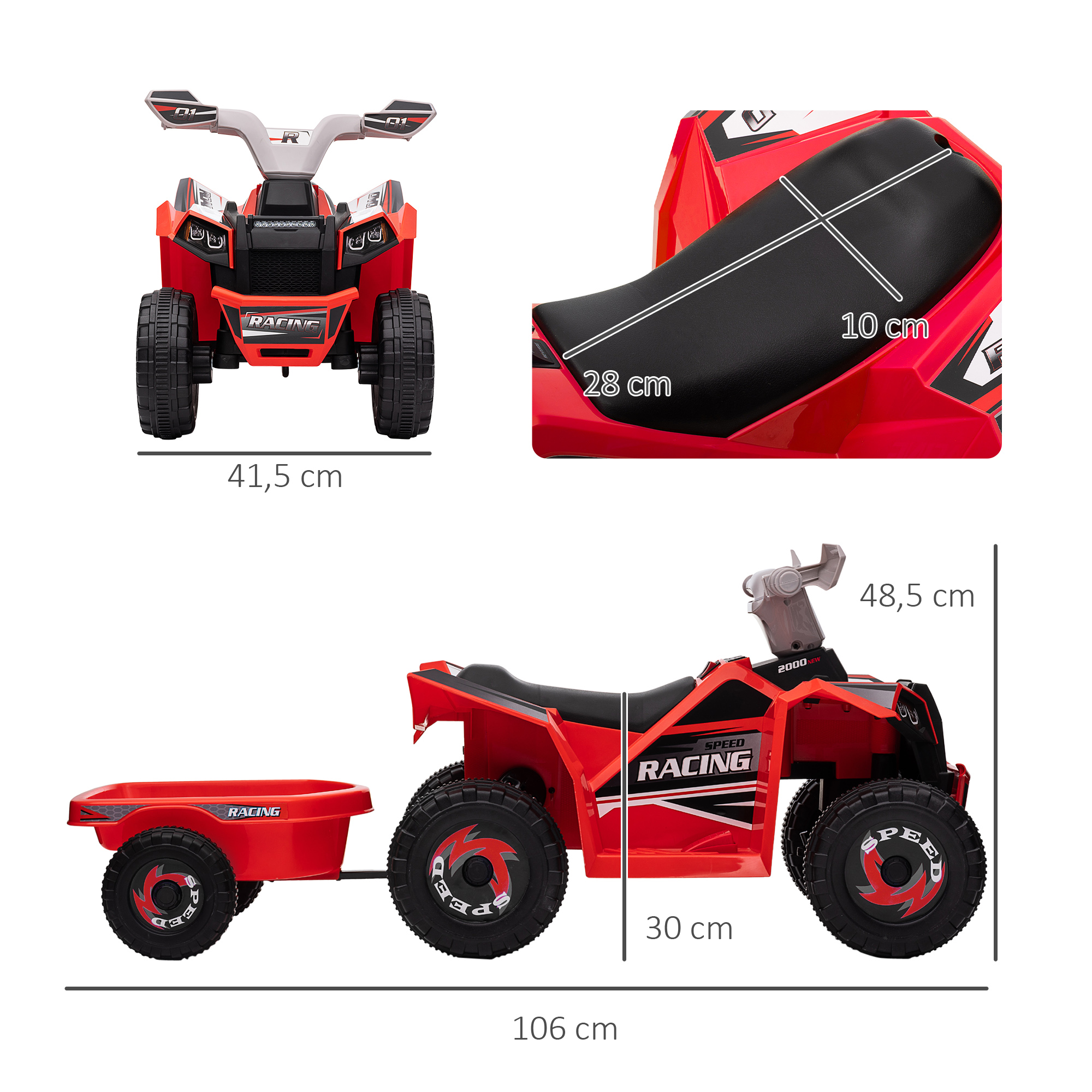 Elektro-Kinderquad mit Anhänger, 2,5 km/h, 50 Minuten Fahrtzeit, für 1,5 bis 3 Jahre, bis 25 kg, Rot
