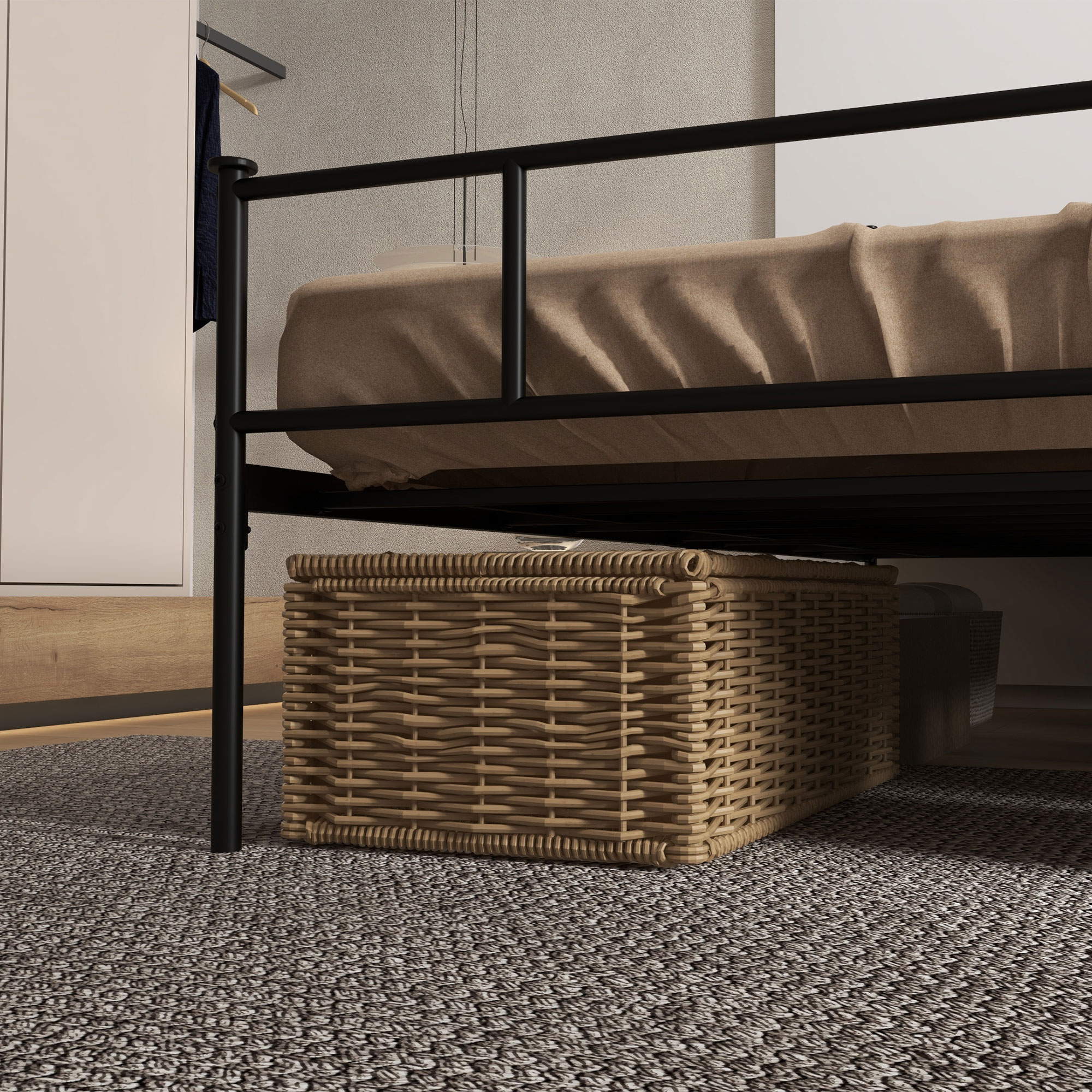 Bett 165 x 207 cm Bettrahmen mit Lattenrost aus Stahl, Unterbettaufbewahrung, Doppelbett, Schwarz