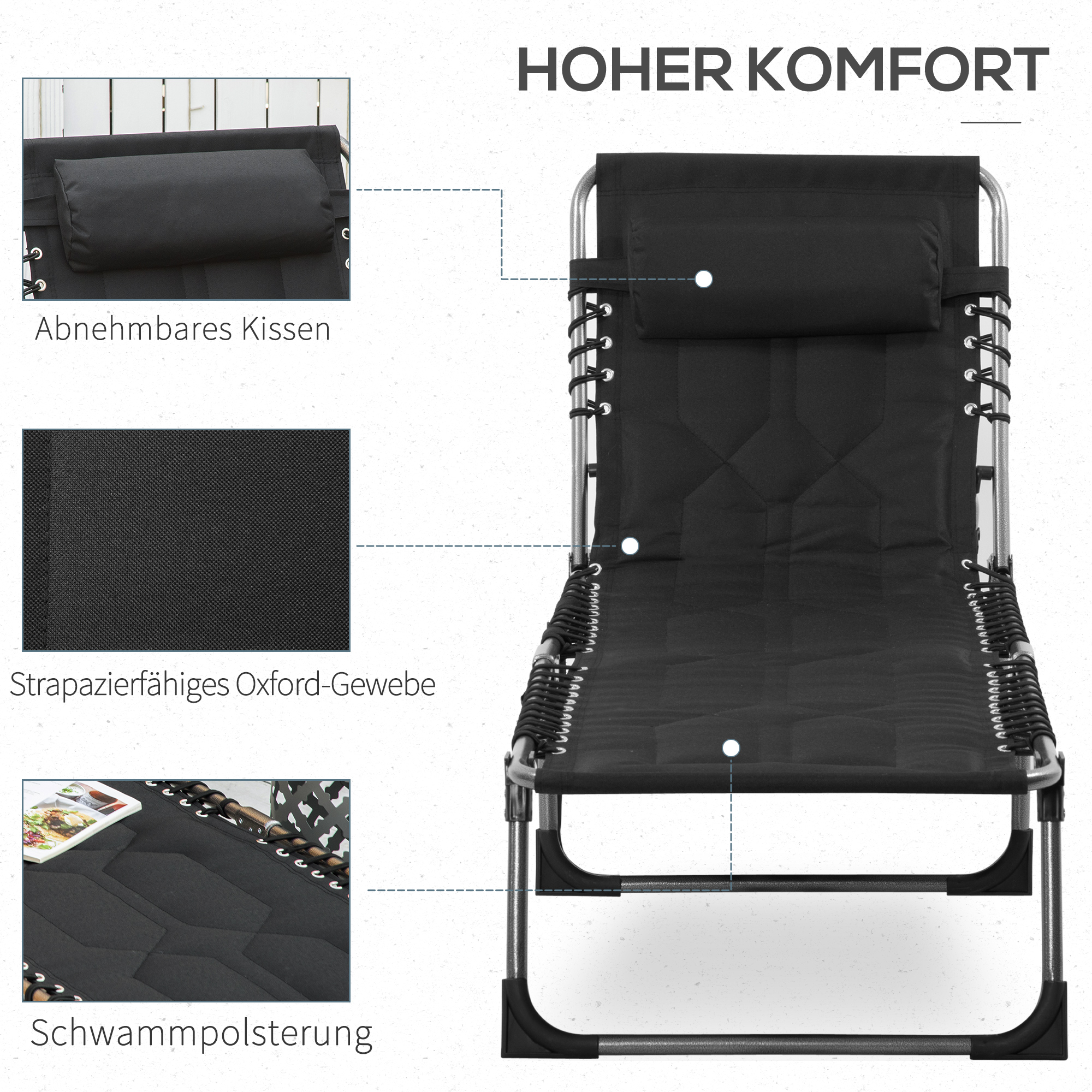 Sonnenliege faltbar Gartenliege Klappliege mit Kissen Garten 5-stufige Rückenlehne verstellbar Stahl Oxford-Stoff Schwarz 188 x 57 x 30 cm