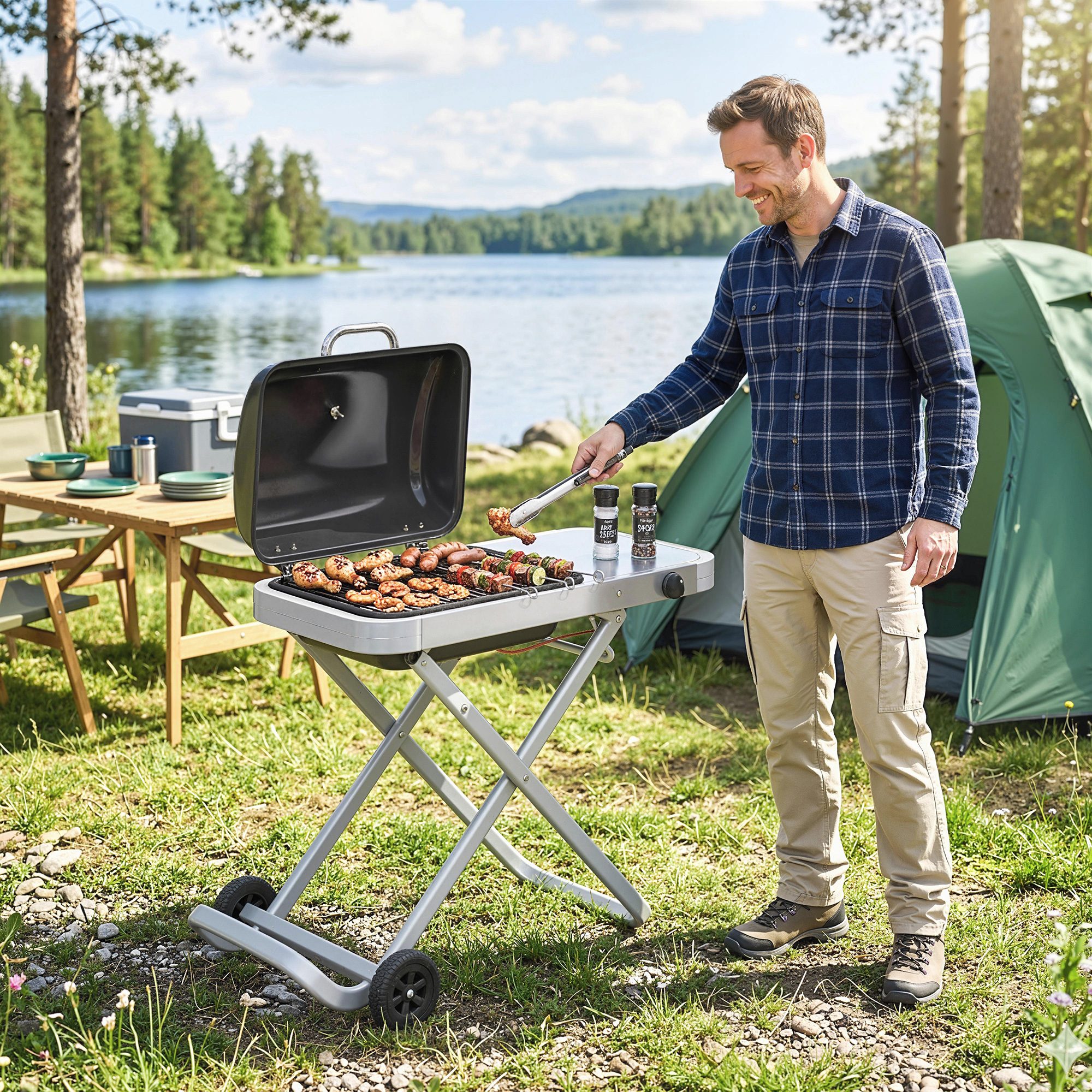 tragbarer Gasgrill 1-Brenner 2,5kW Grillwagen mit Faltbarem Rollwagen Grillrost Seitentisch Deckel Thermometer