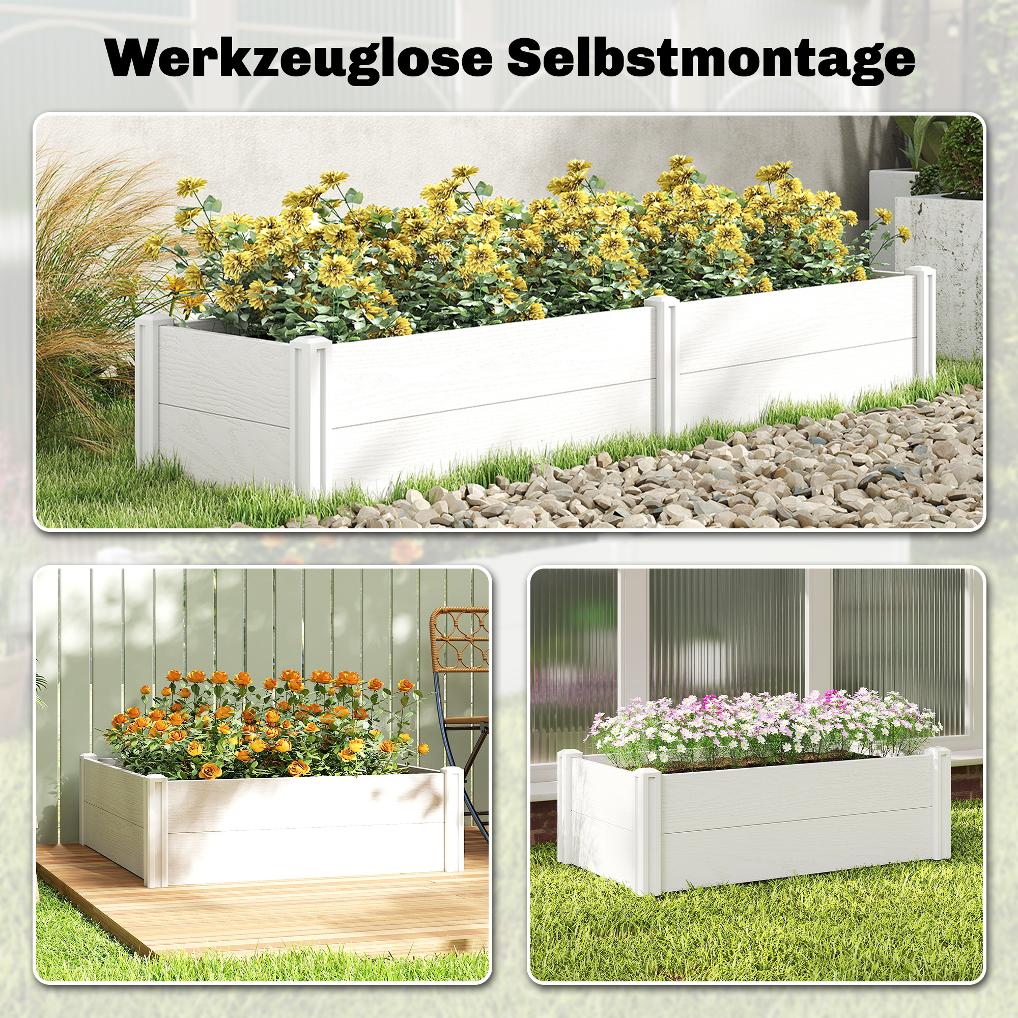 Hochbeet Kunststoff, Steckbar Pflanzbeet mit DIY-Montage Frühbeet 197 x 54 x 33 cm Weiß
