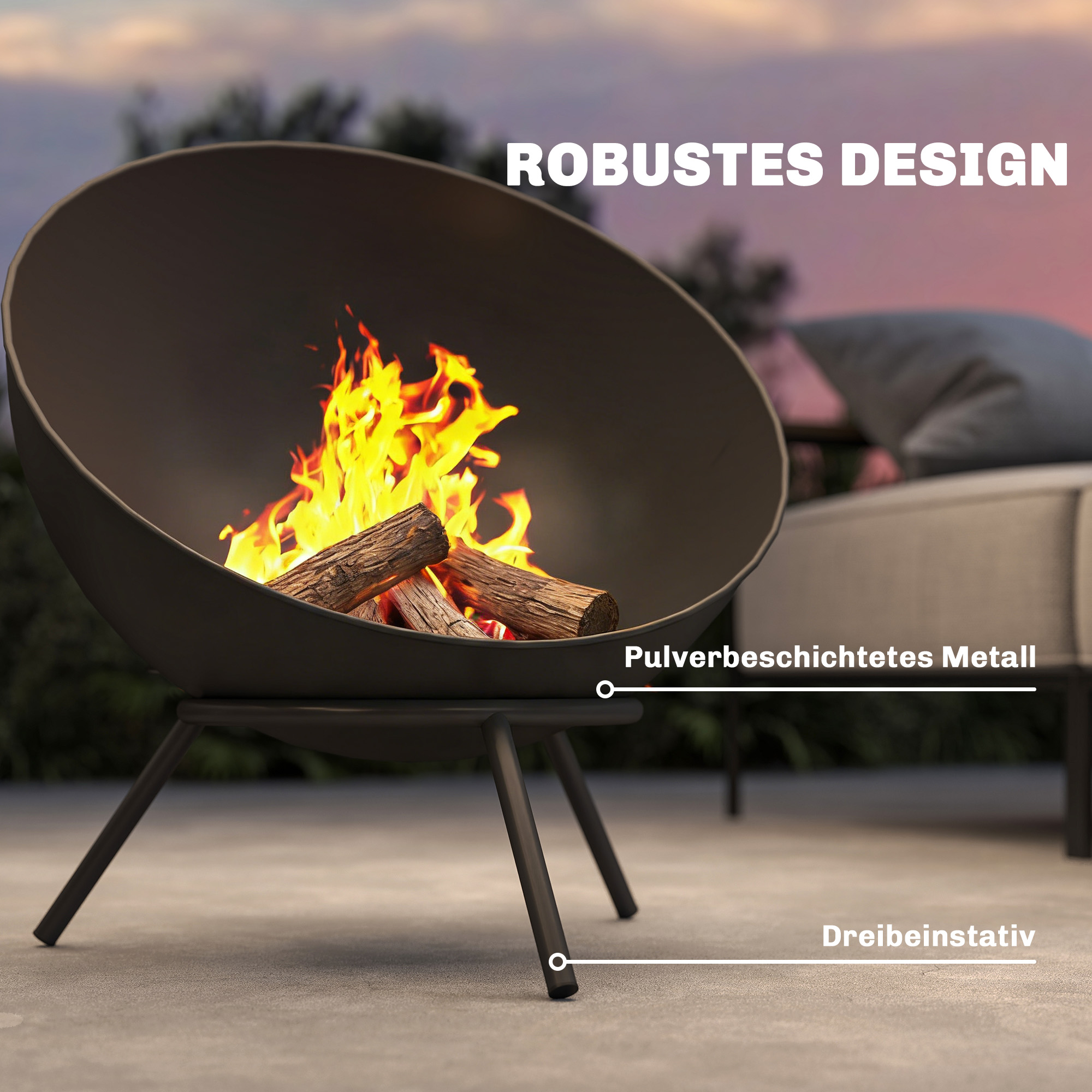 Feuerschale 60 x 53 x 66cm verstellbar Feuerstelle mit Schürhaken Kohlegitter Ständer Schwarz