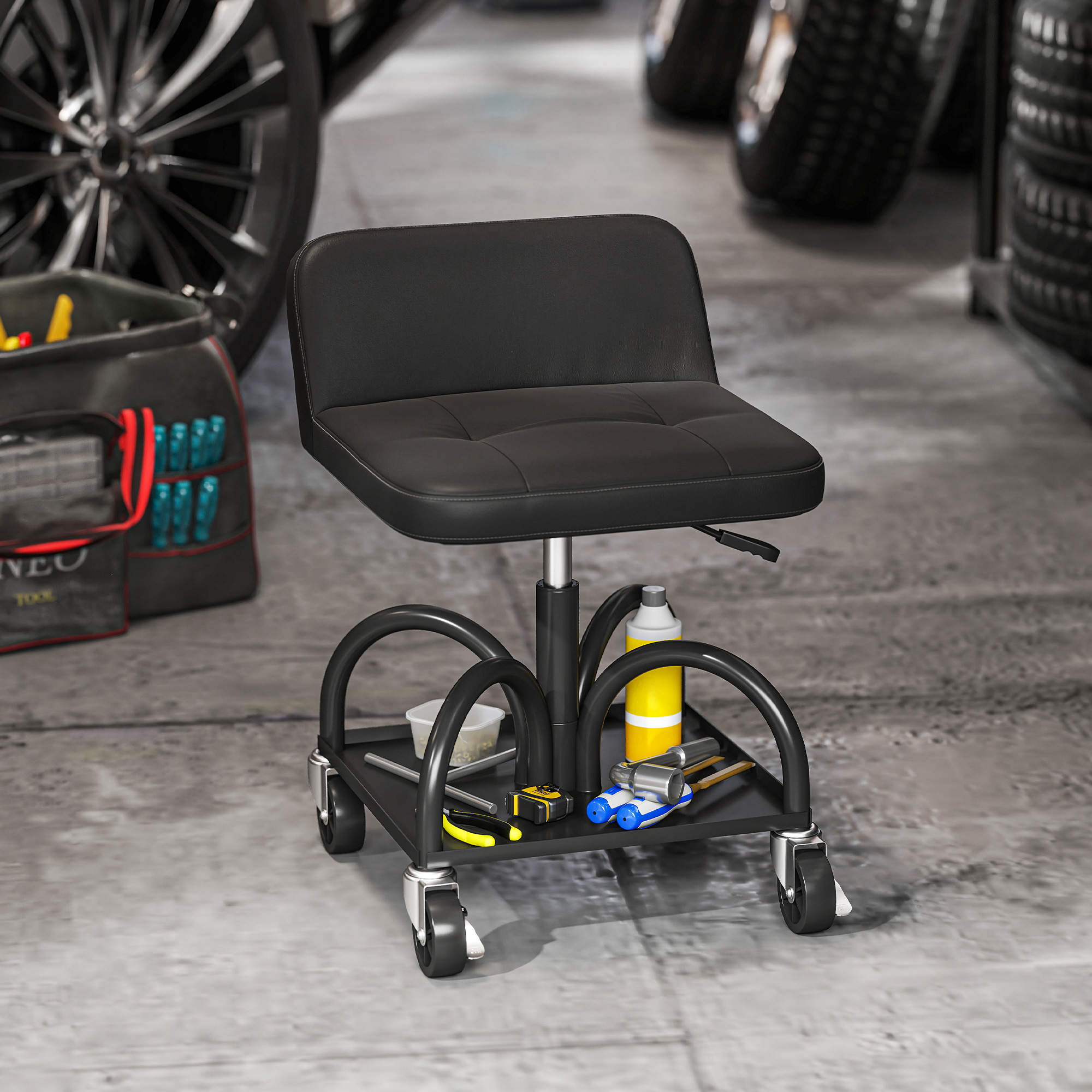 Werkstatthocker mit Rollen Ablagefläche, 58,5 cm hoch Rollhocker bis 135 kg belastbar Schwarz